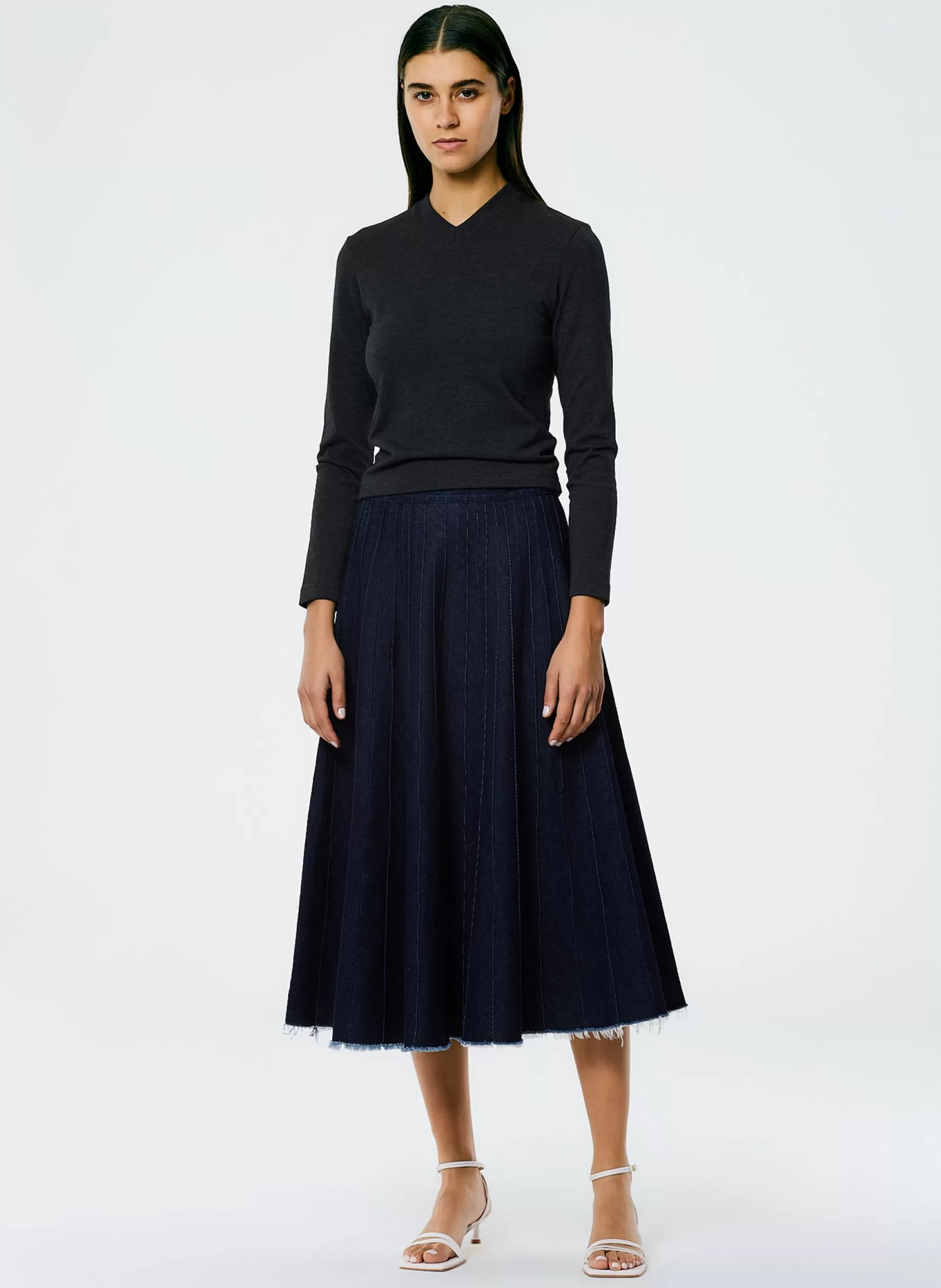 Tibi Brushed Denim Pintucked Skirt Indigo Clearance