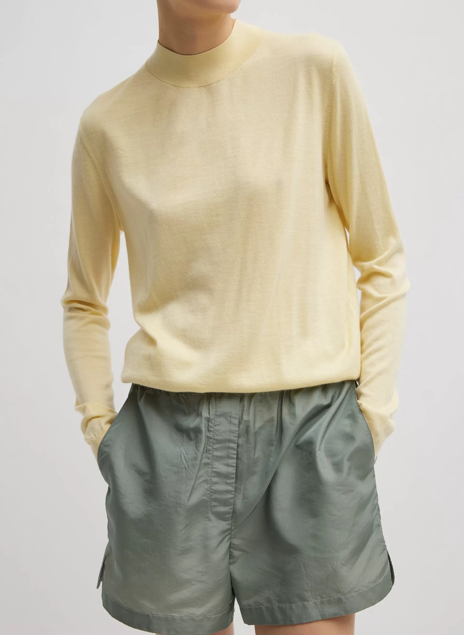 Tibi Cashmere Silk Blend Mock Neck Easy Sweater Lemon Ice Cheap