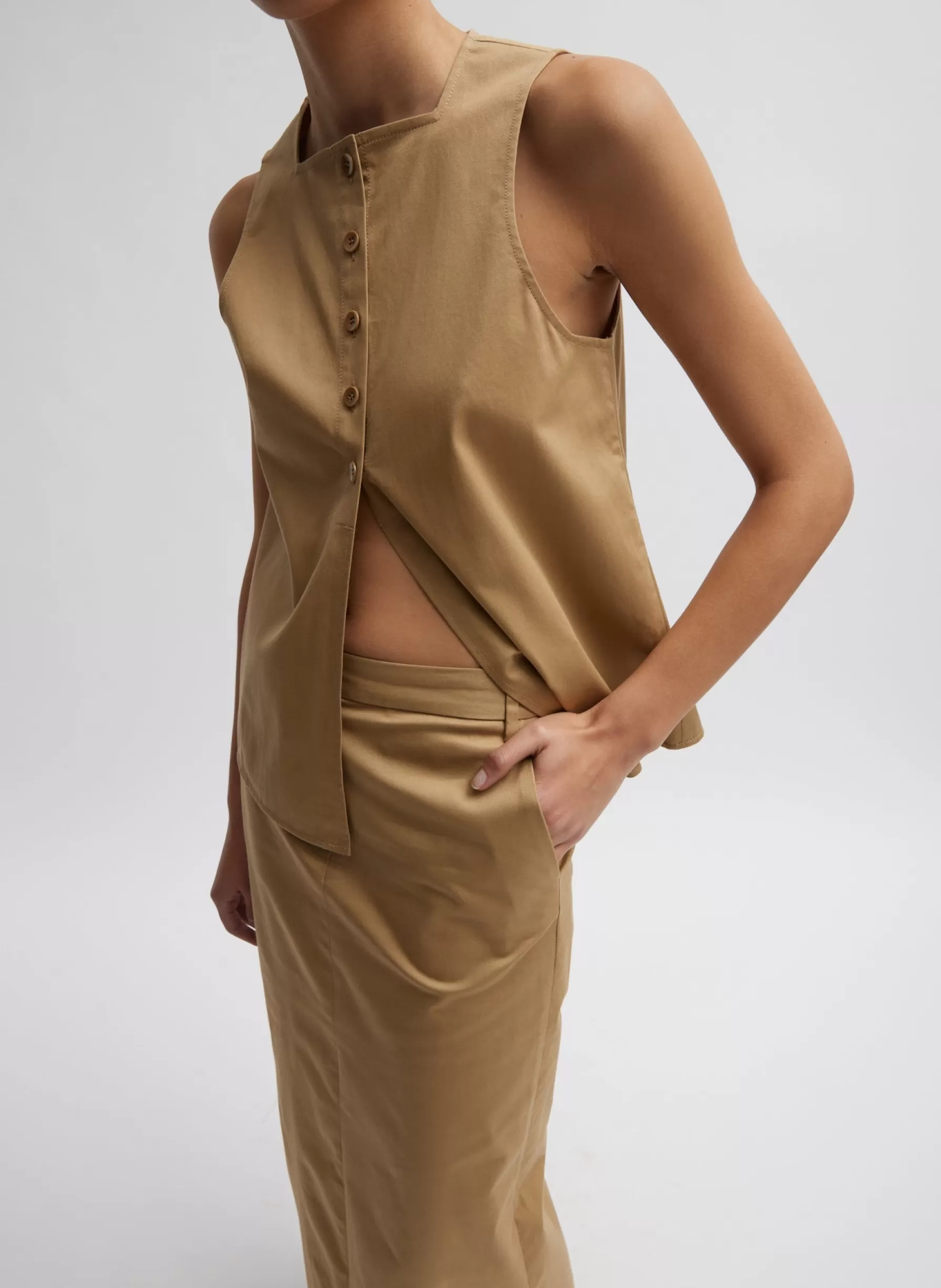 Tibi Chino Slit Front Sleeveless Top Tan Shop