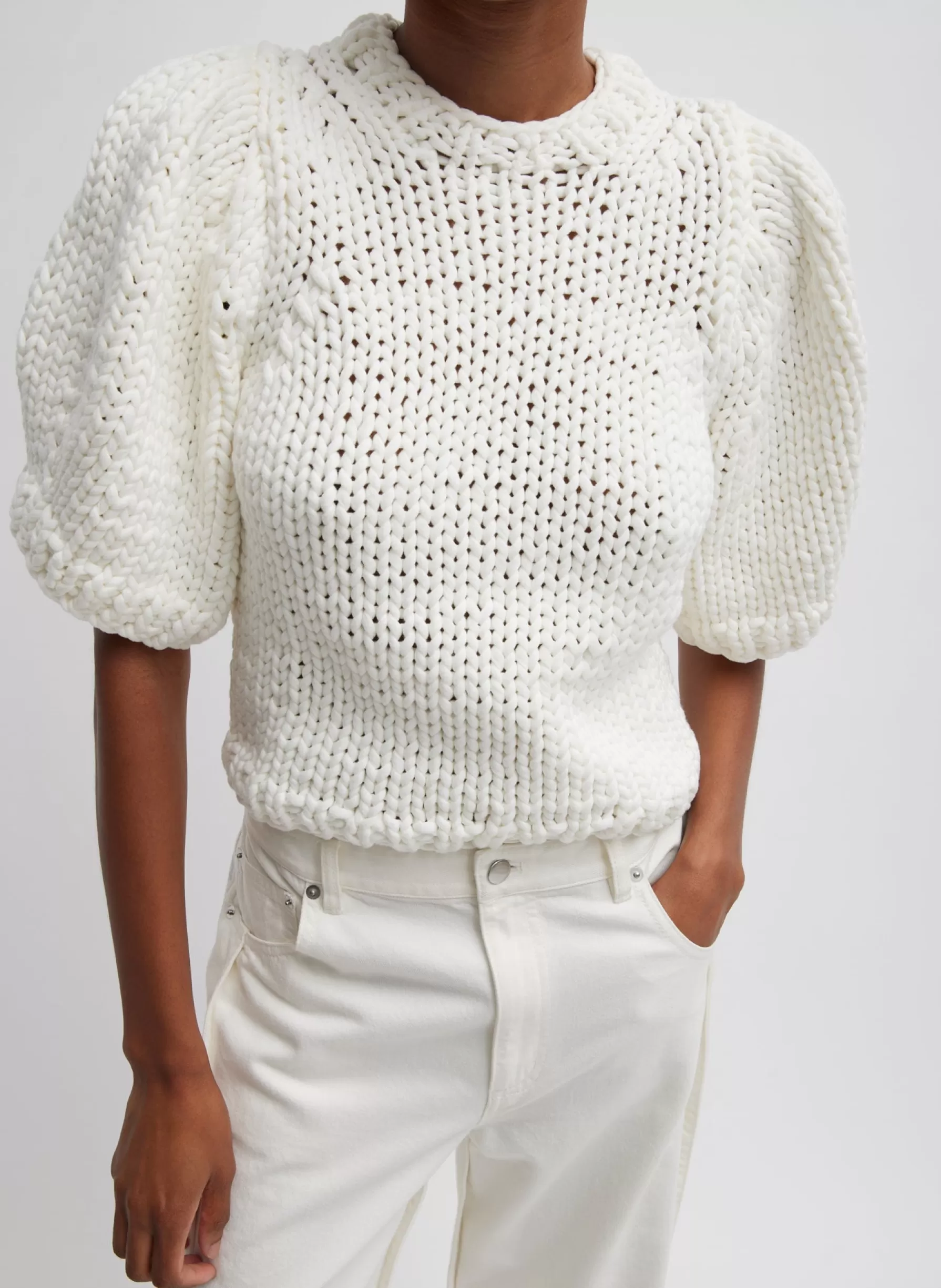 Tibi Deluxe Tube Yarn Sweater Mini Puff Pullover White Cheap