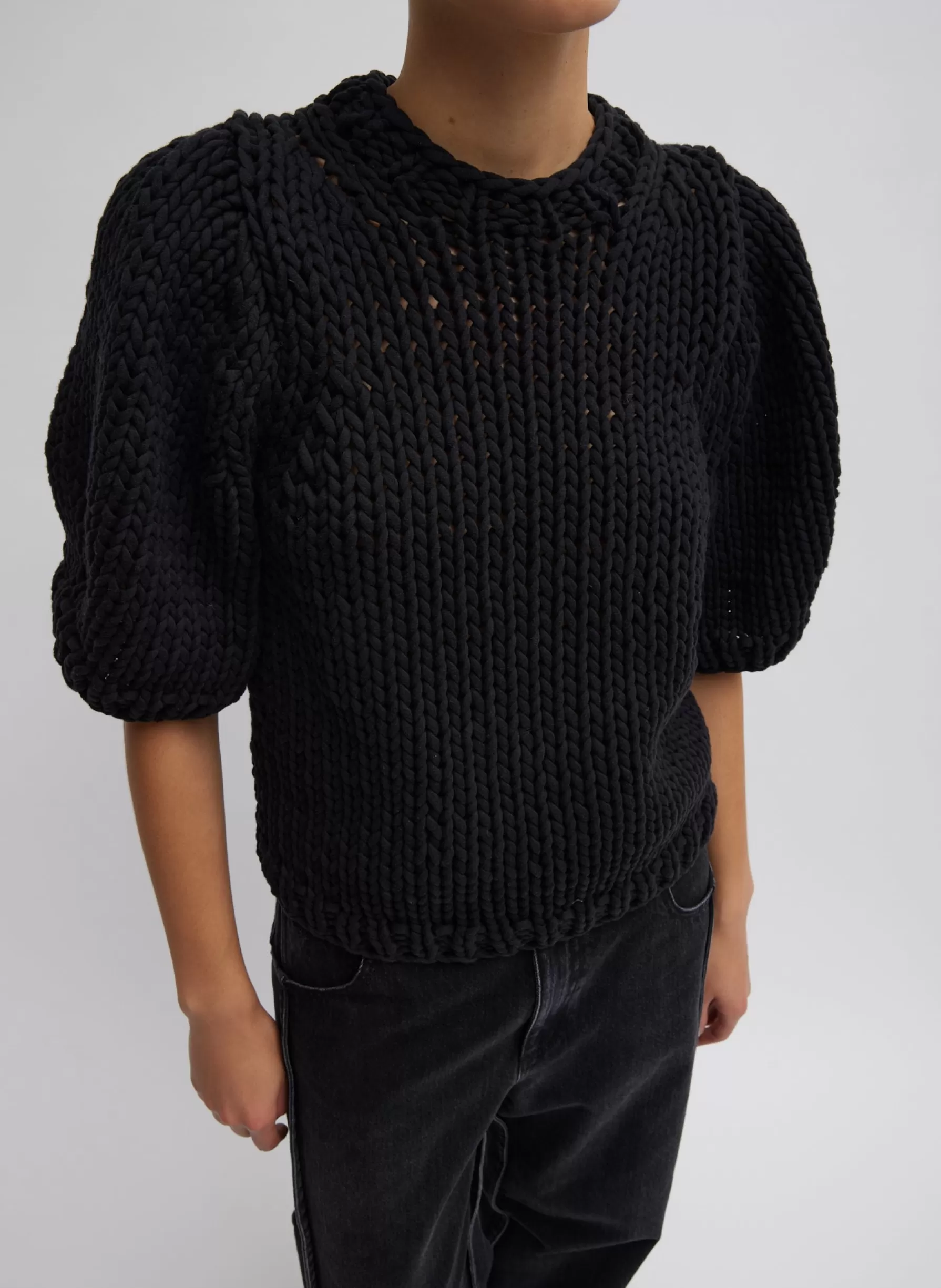 Tibi Deluxe Tube Yarn Sweater Mini Puff Pullover Black Sale