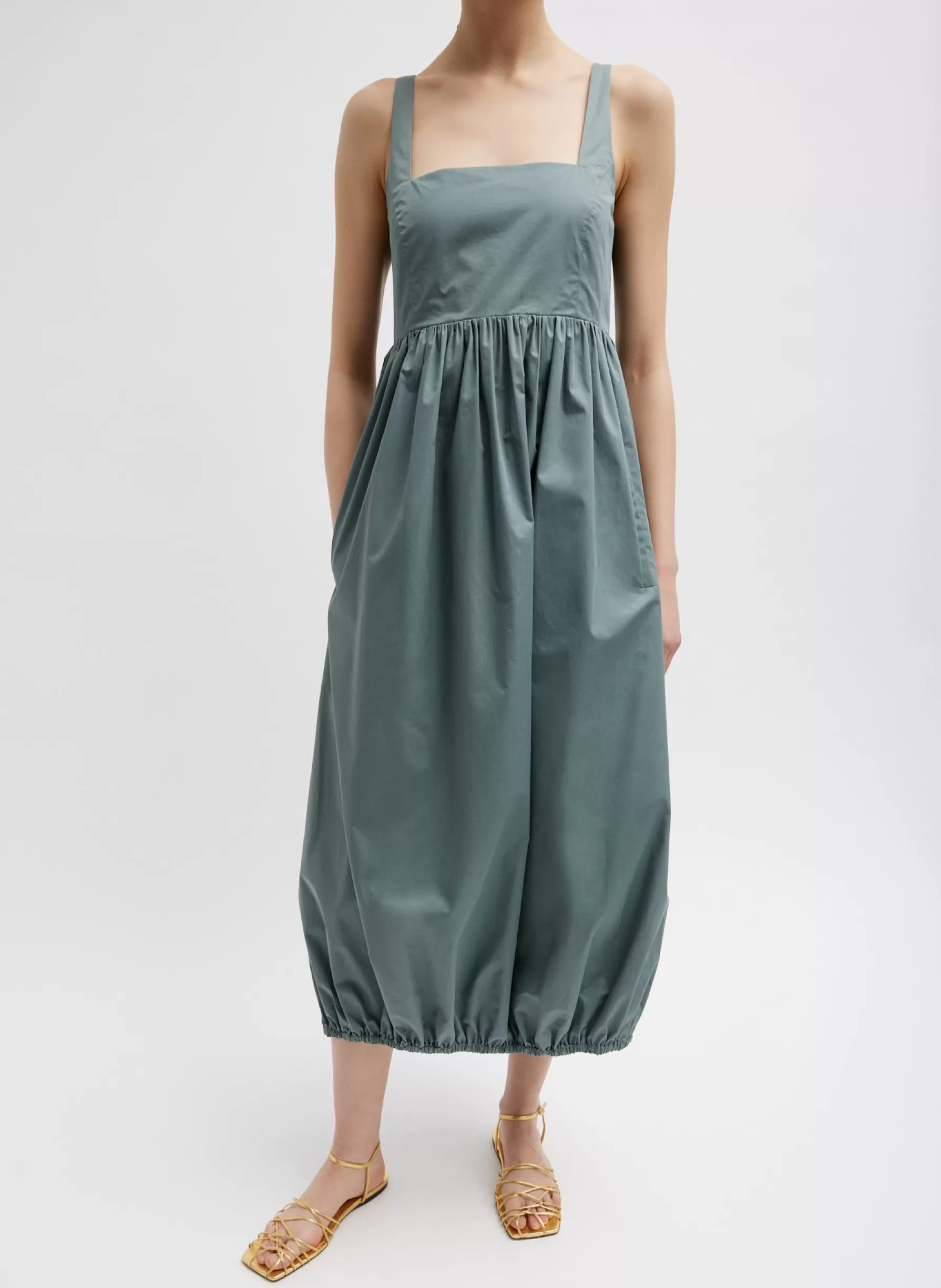 Tibi Eco Poplin Square Neck Sculpted Dress Green Limestone New