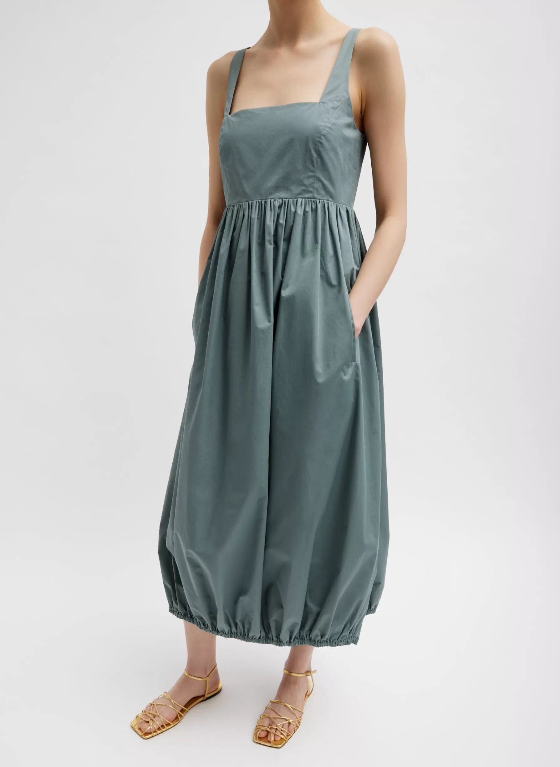 Tibi Eco Poplin Square Neck Sculpted Dress Green Limestone New