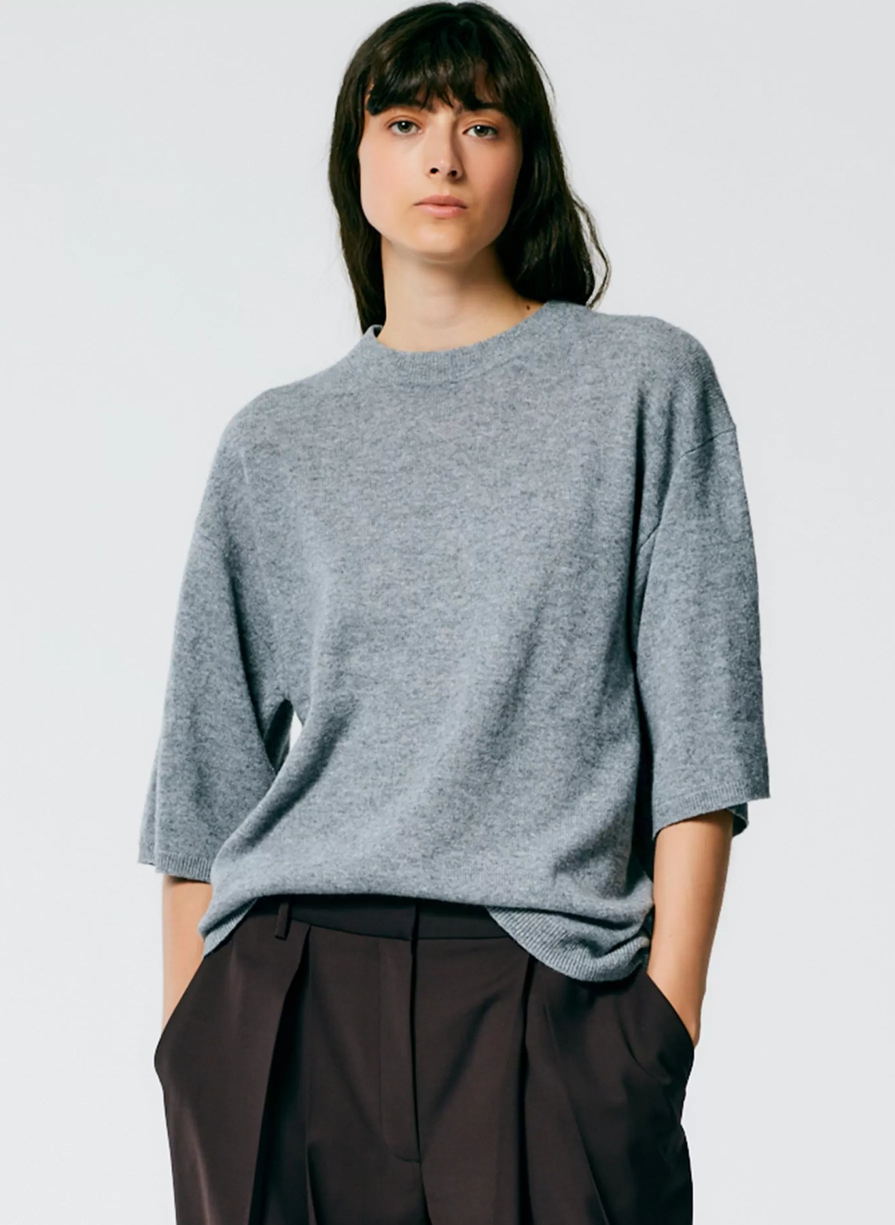 Tibi Feather Weight Cashmere Oversized Easy T-Shirt Heather Grey Fashion