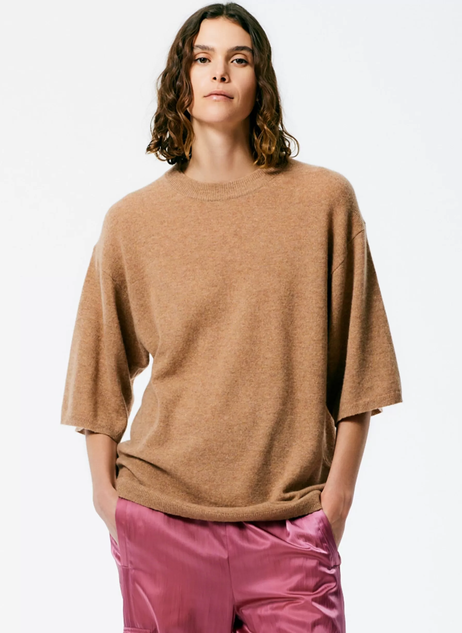 Tibi Feather Weight Cashmere Oversized Easy T-Shirt Sand Discount