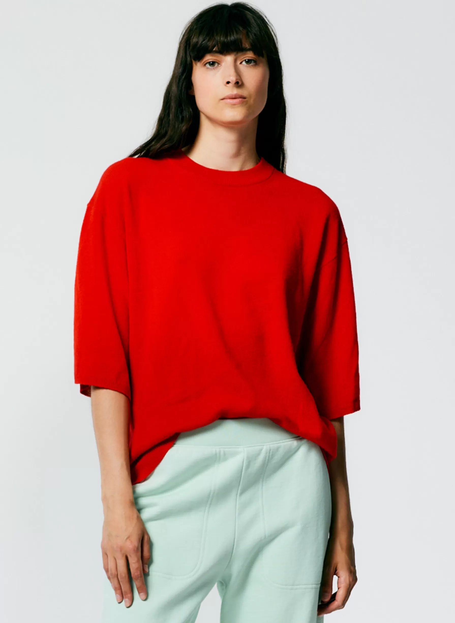 Tibi Feather Weight Cashmere Oversized Easy T-Shirt Red Best Sale