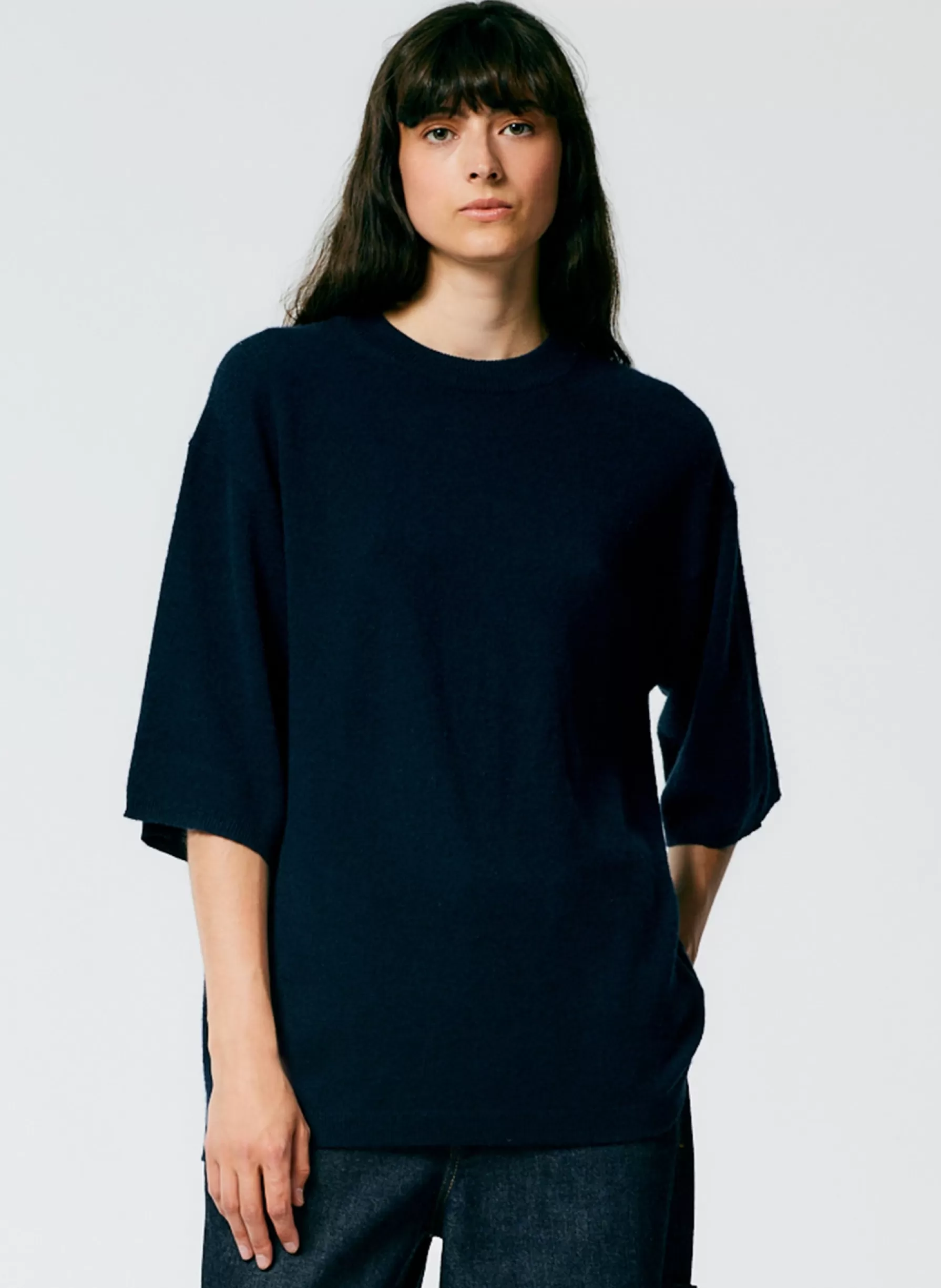 Tibi Feather Weight Cashmere Oversized Easy T-Shirt Navy Online