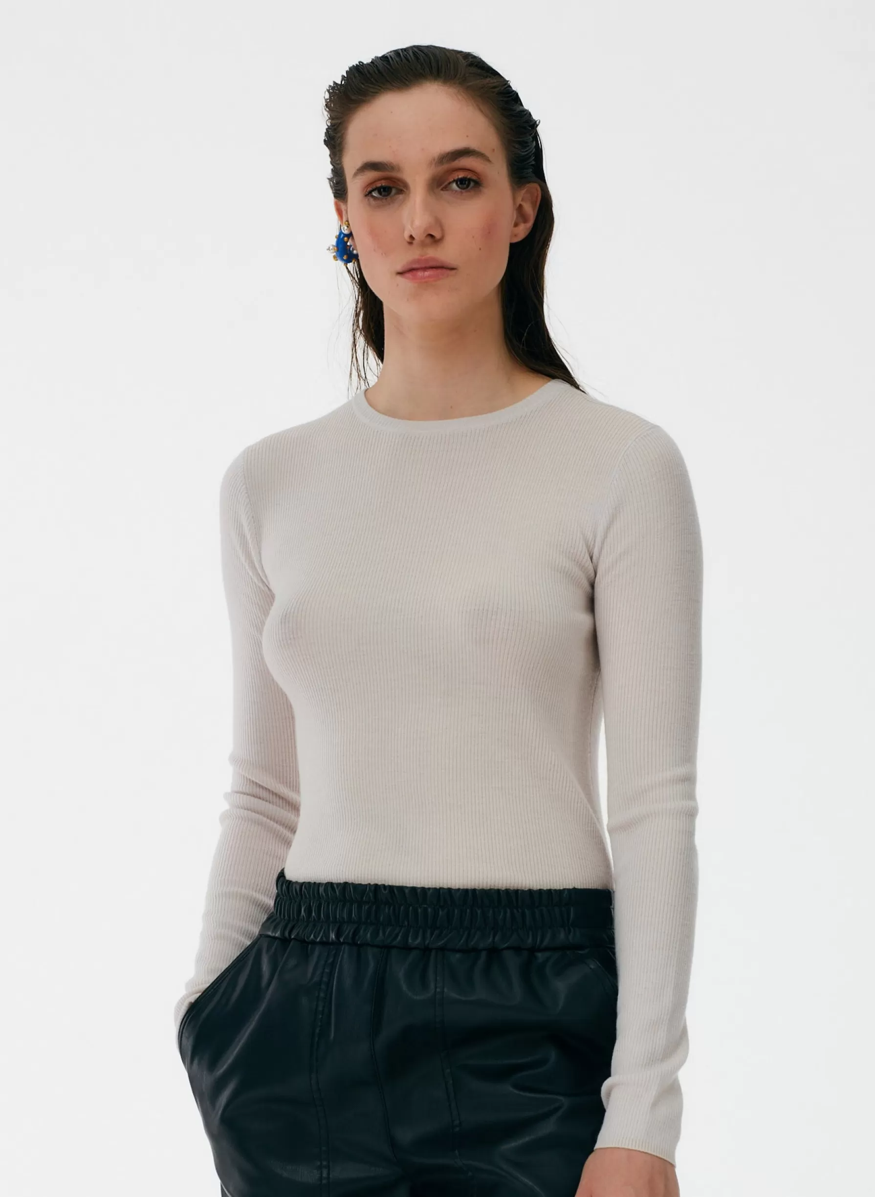 Tibi Feather Weight Ribbed Crewneck Pullover Sweater Stone Cheap