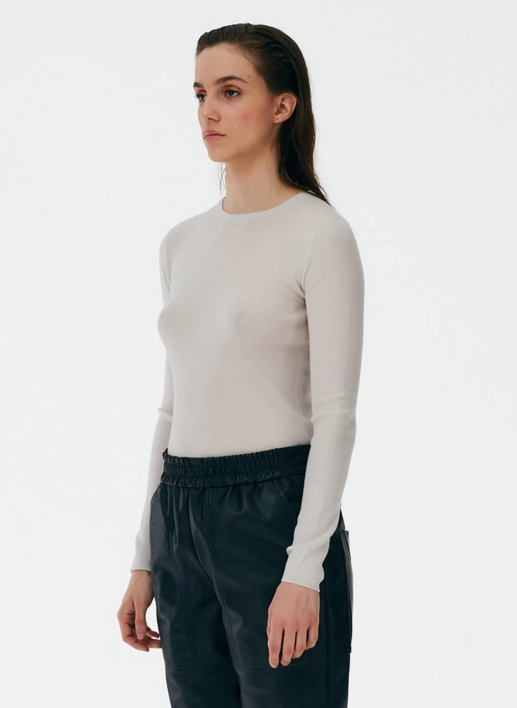 Tibi Feather Weight Ribbed Crewneck Pullover Sweater Stone Cheap