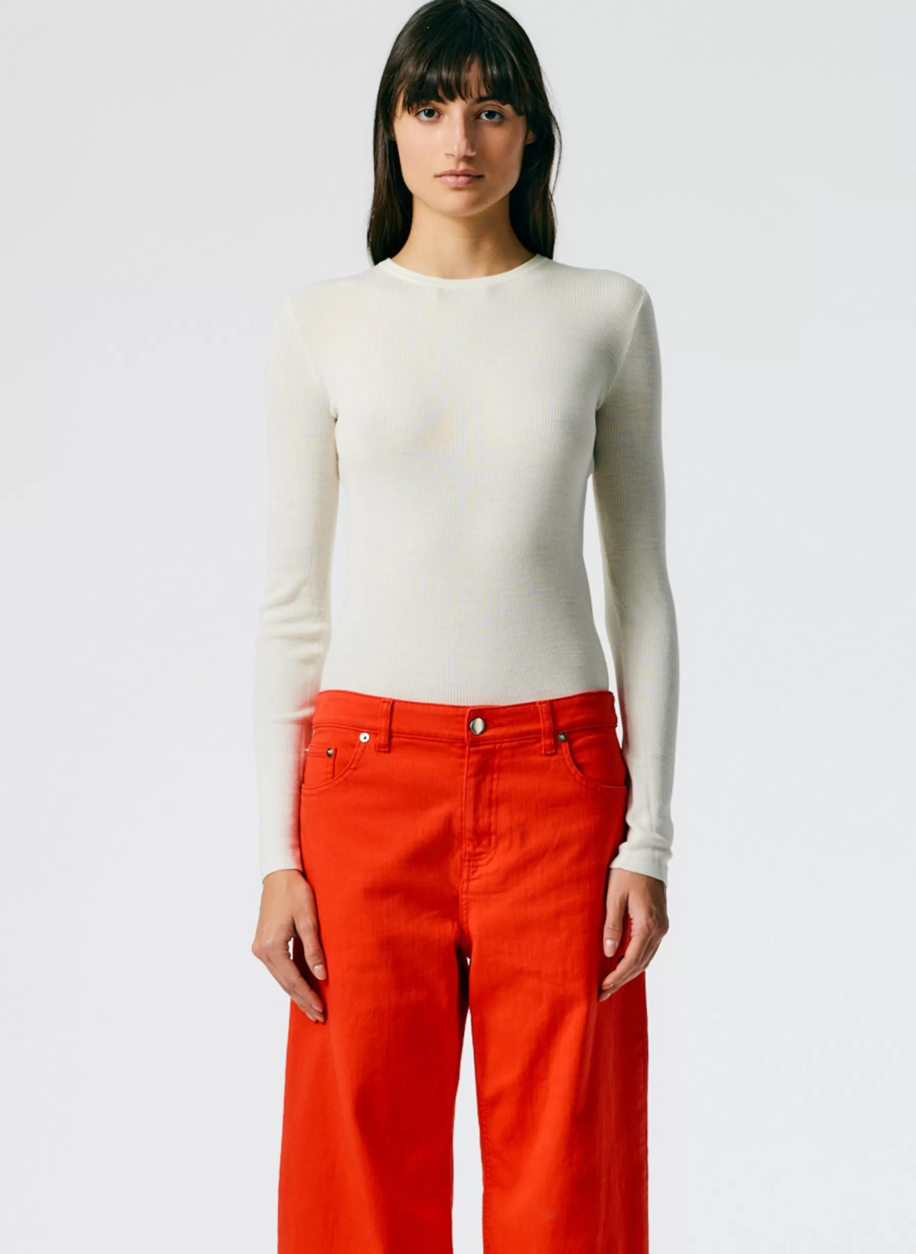 Tibi Feather Weight Ribbed Crewneck Pullover Sweater Off White Sale