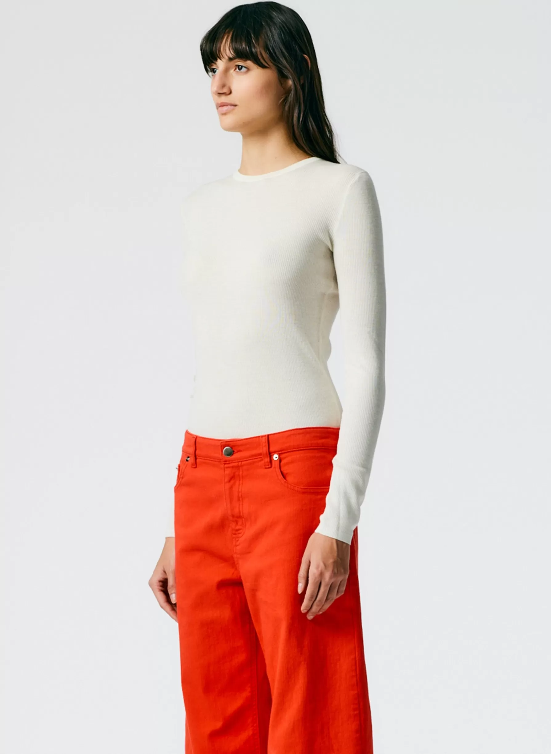 Tibi Feather Weight Ribbed Crewneck Pullover Sweater Off White Sale