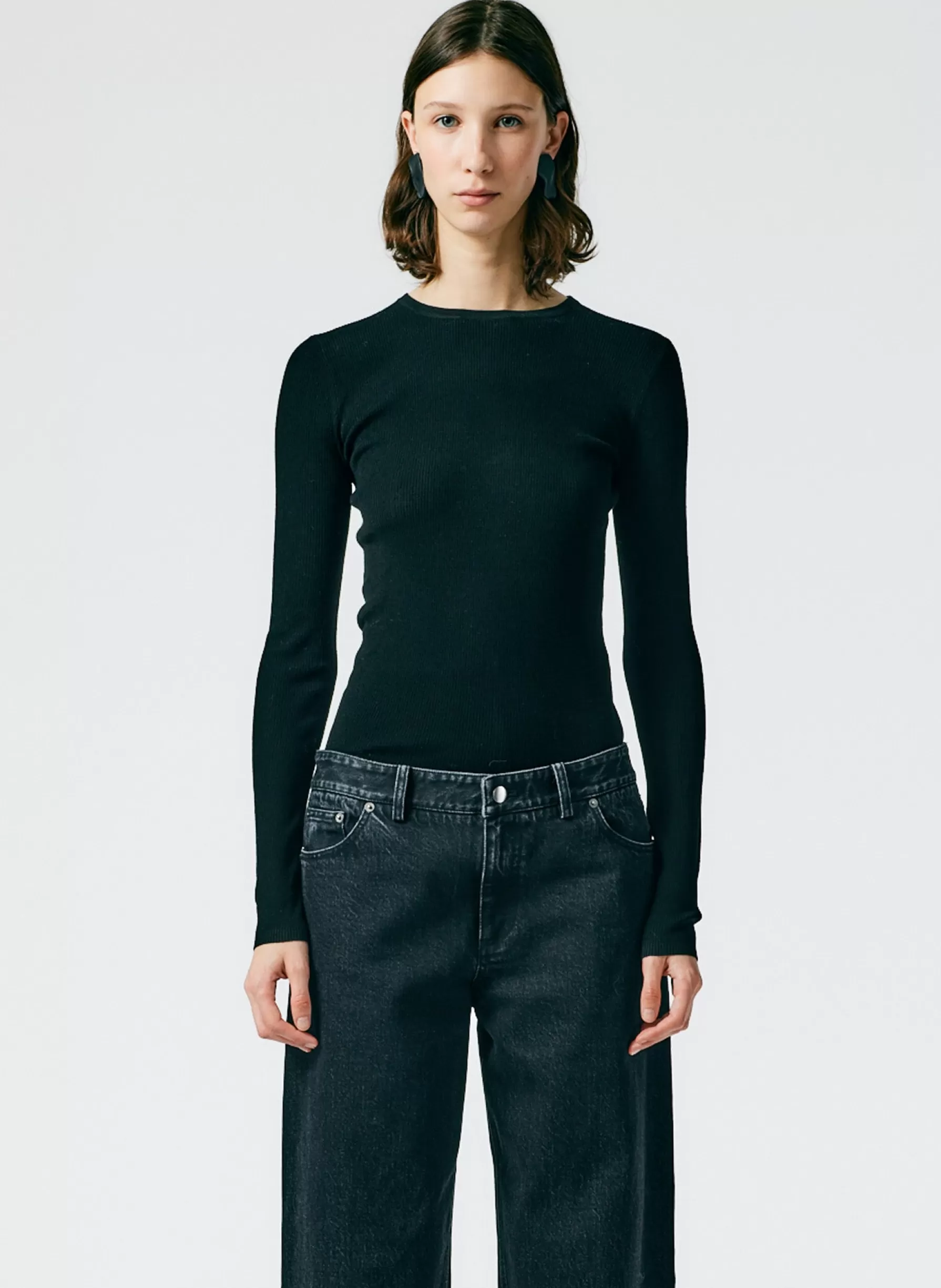 Tibi Feather Weight Ribbed Crewneck Pullover Sweater Black Best Sale