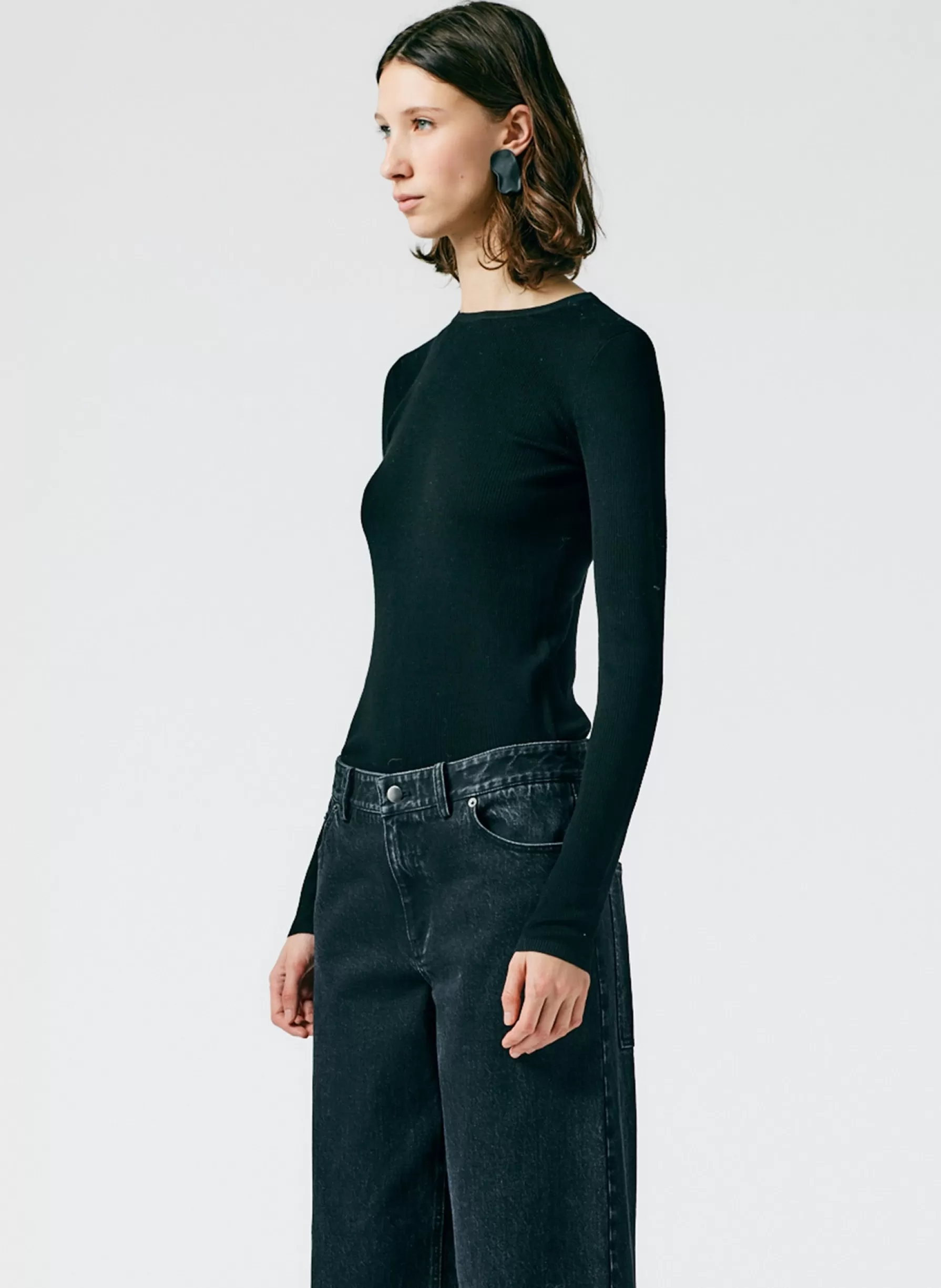 Tibi Feather Weight Ribbed Crewneck Pullover Sweater Black Best Sale