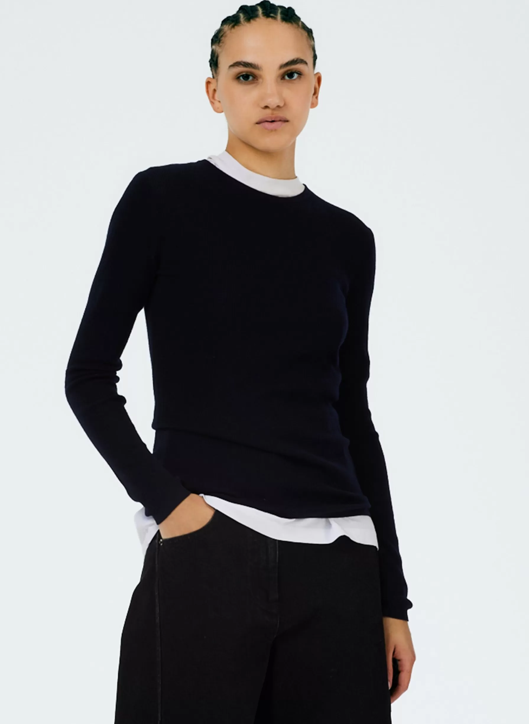 Tibi Feather Weight Ribbed Crewneck Pullover Sweater Navy Shop