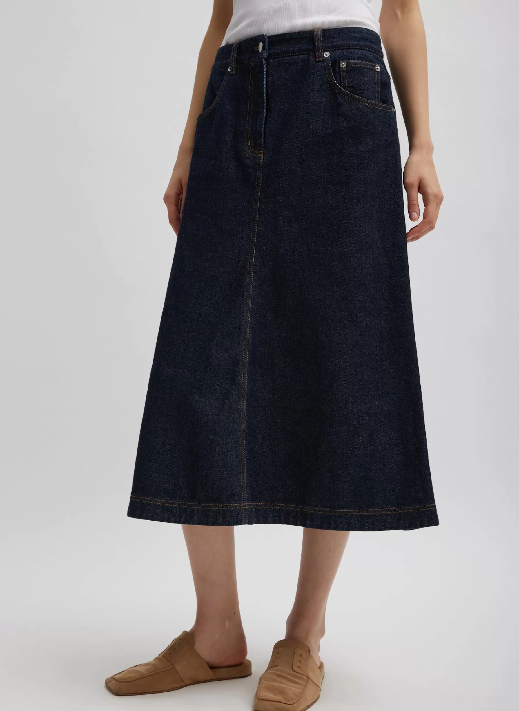 Tibi Indigo Denim Midi A-Line Skirt Dark Denim Best