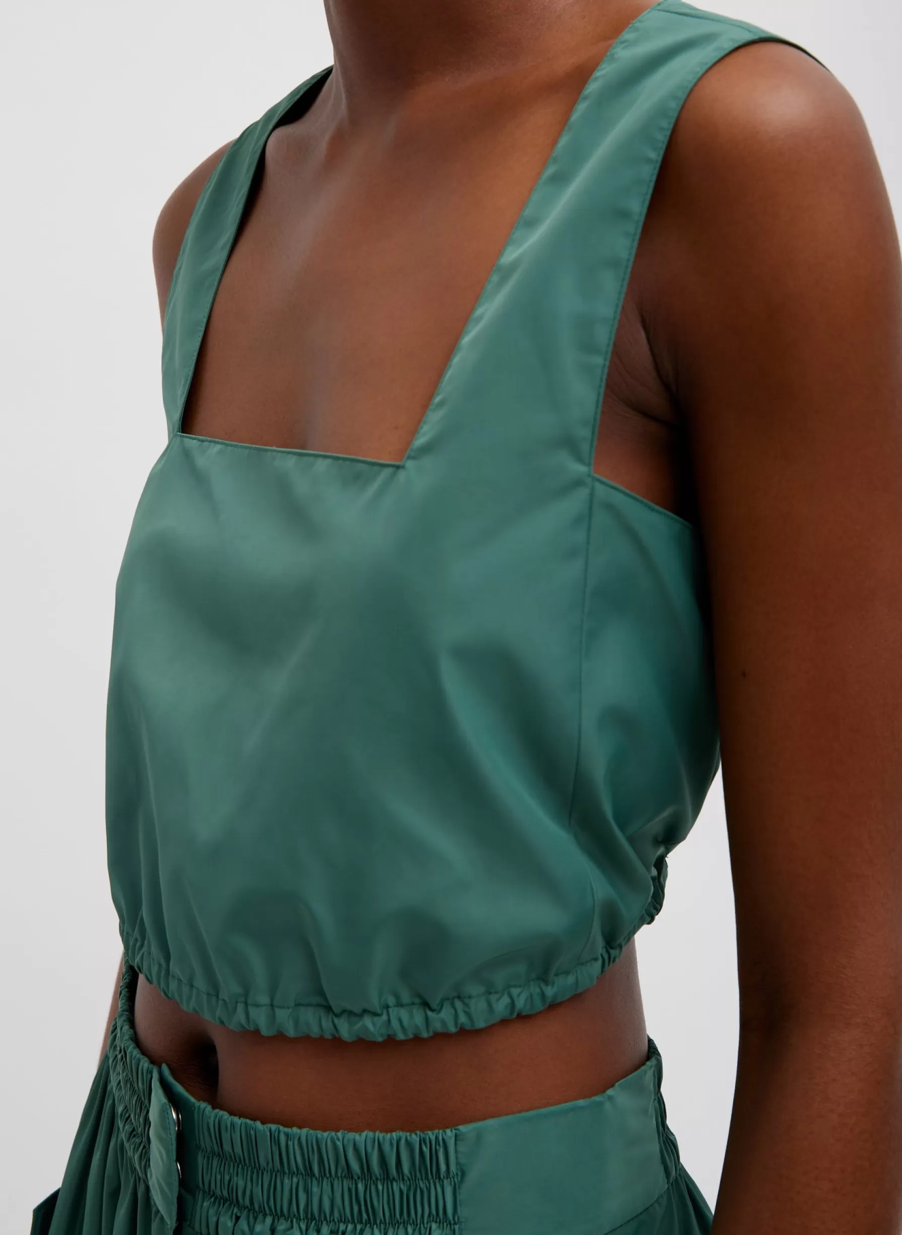 Tibi Italian Sporty Nylon Cropped Square Neck Top Dark Hunter Green Flash Sale