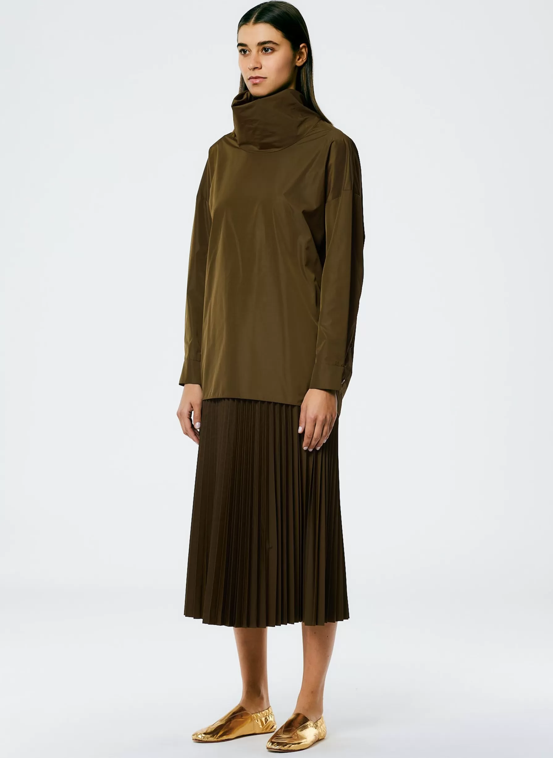 Tibi Italian Sporty Nylon Sunray Pleated Pull On Skirt Wood Fashion