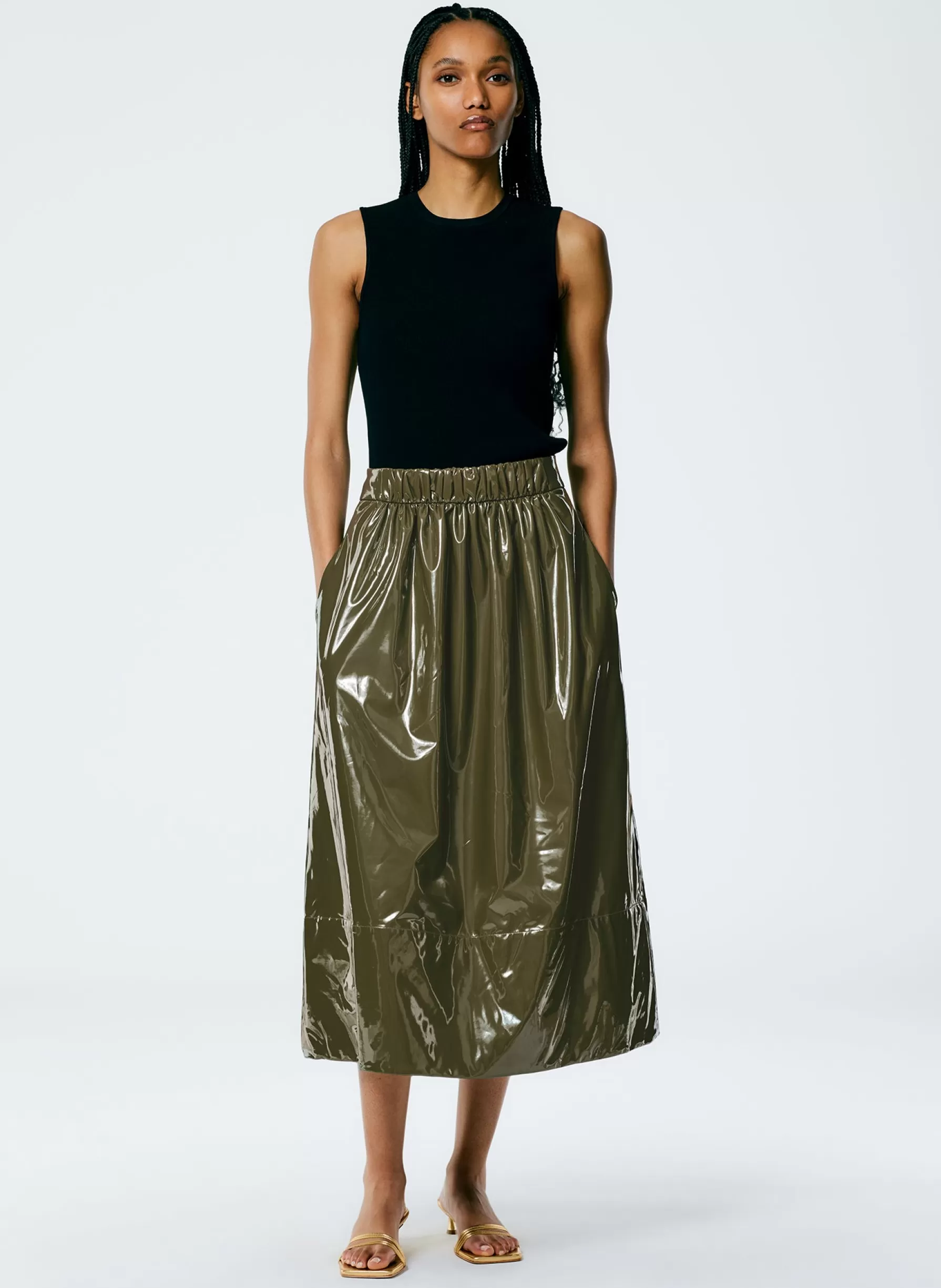 Tibi Light Weight Stretch Patent Smocking Waistband Full Skirt Wood Cheap