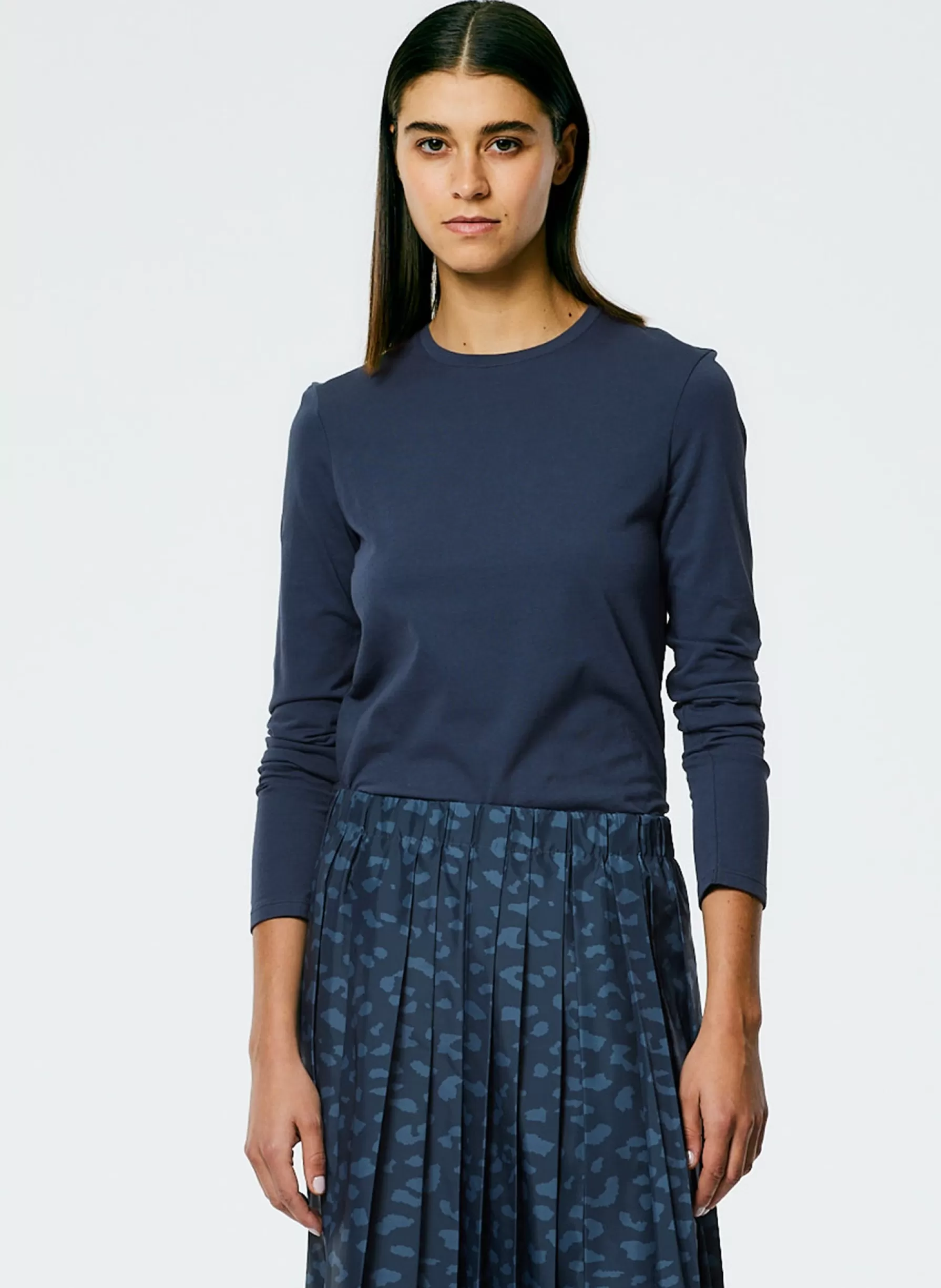 Tibi Long Sleeve Fitted T-Shirt Navy Fog Outlet