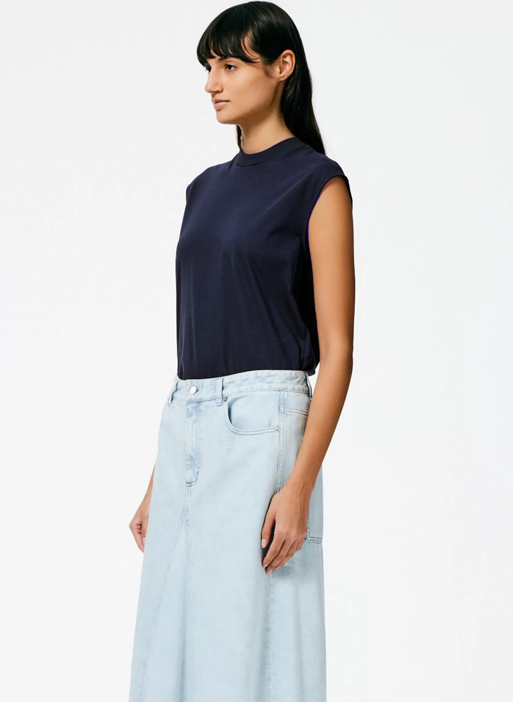 Tibi Mock Neck Sleeveless T-Shirt Navy Best