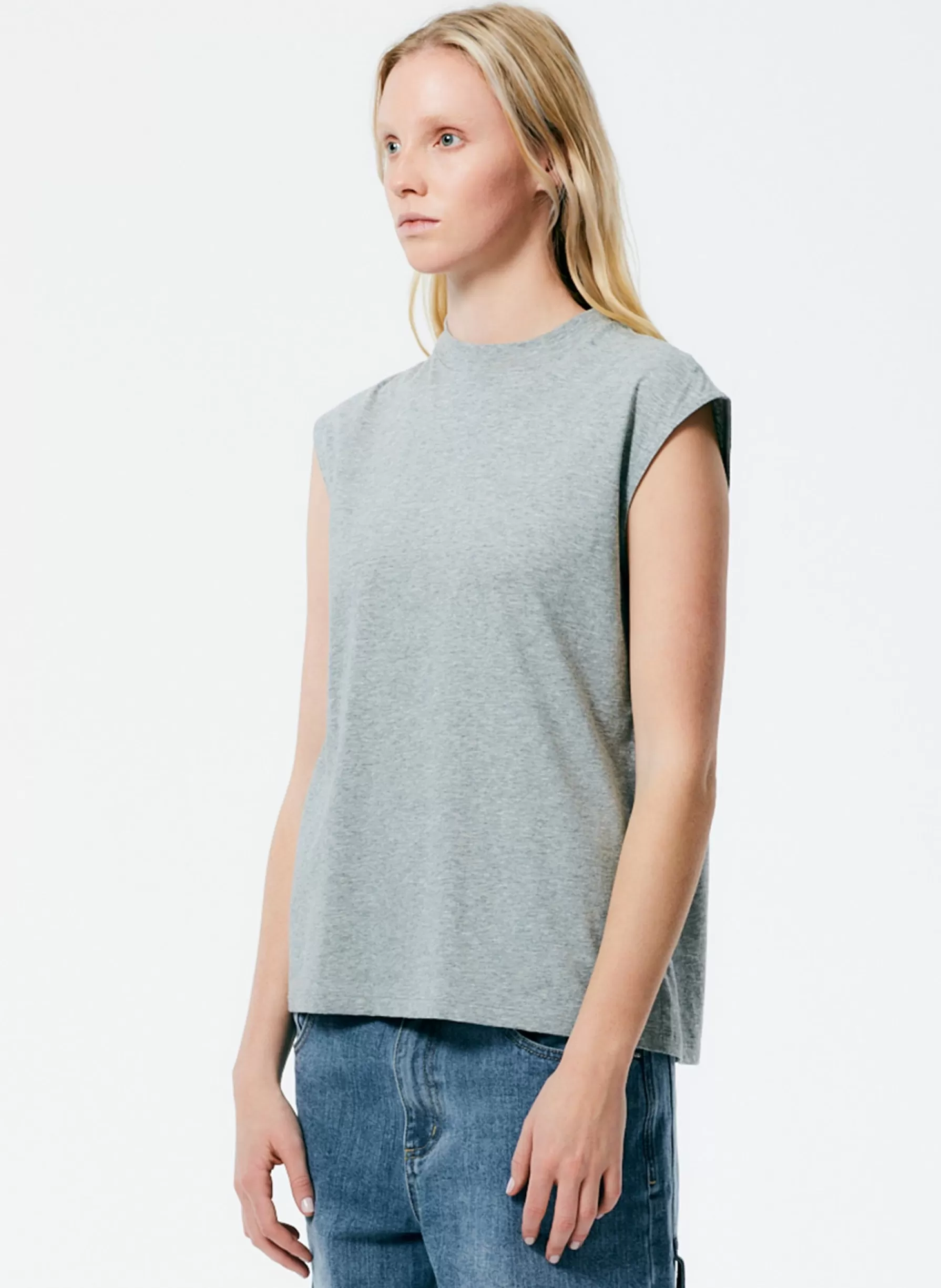 Tibi Mock Neck Sleeveless T-Shirt Heather Grey New