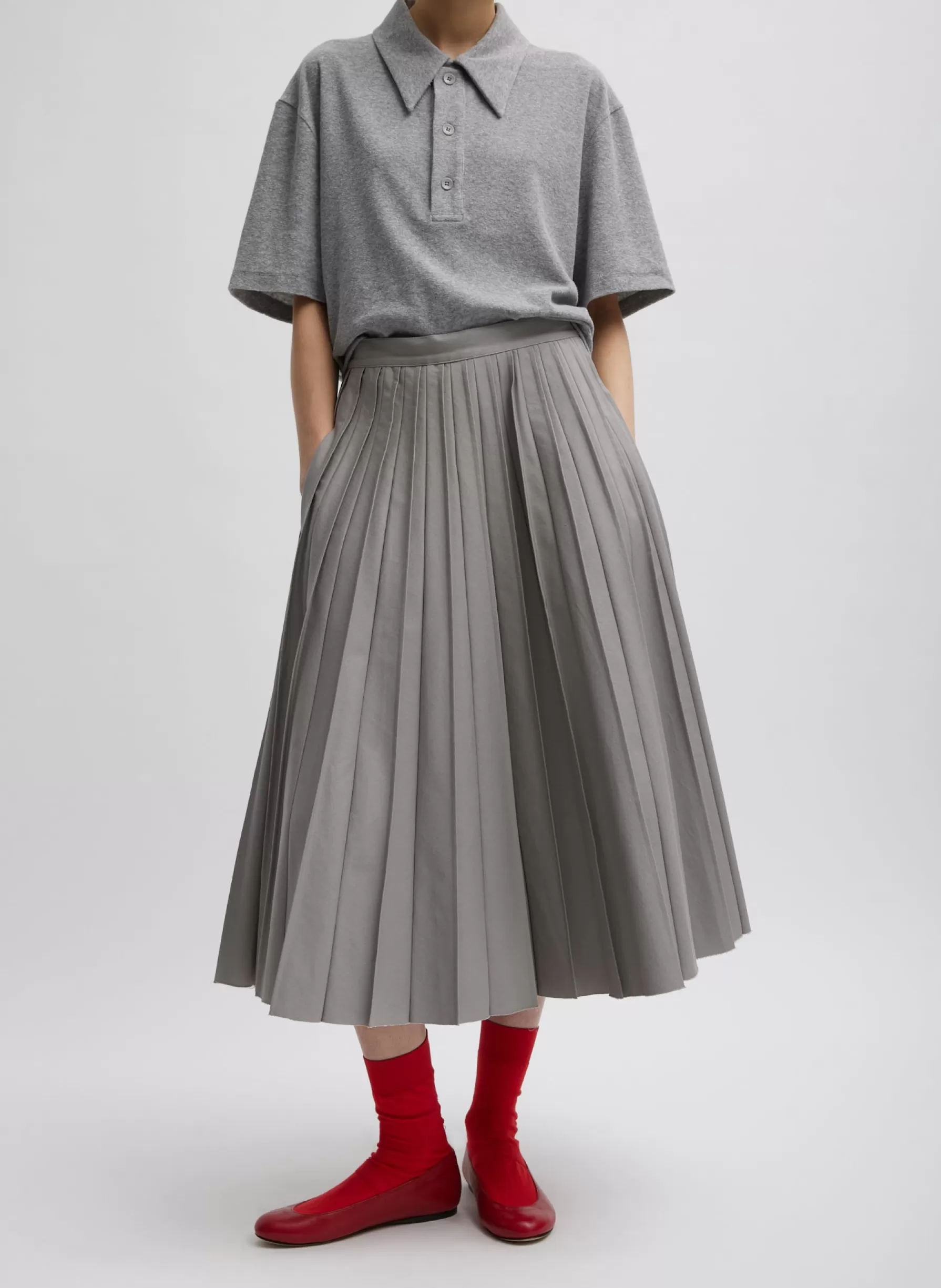 Tibi Oliver Cotton Stretch Tricotine Pintucked Skirt Grey Moon Clearance