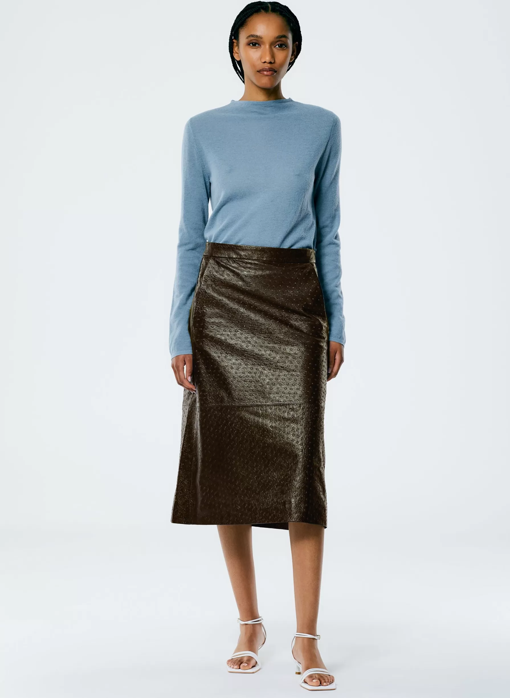 Tibi Ostrich Leather A-Line Skirt Dark Brown Shop