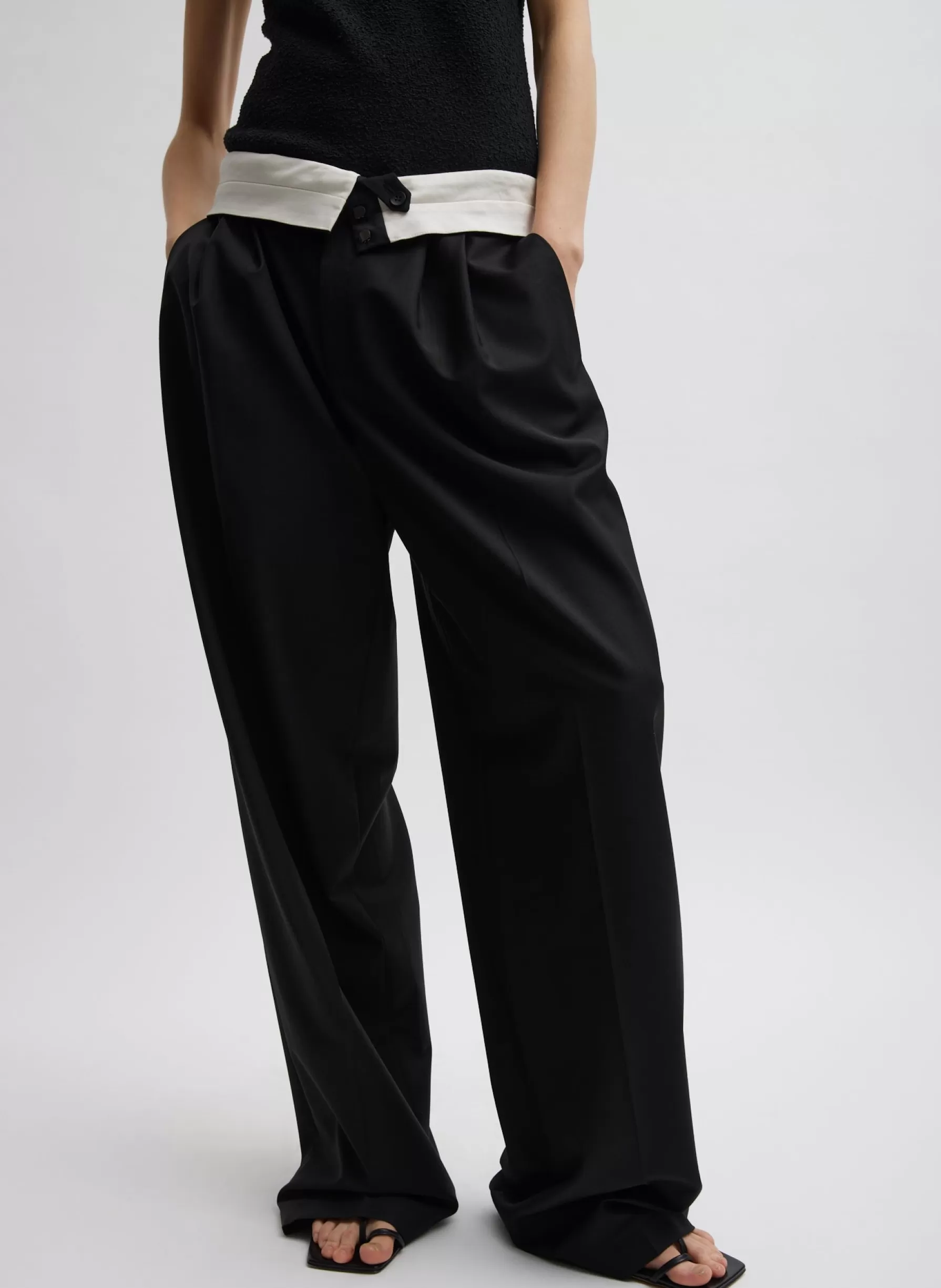 Tibi Recycled Tropical Wool Fold Over Pant Black Cheap