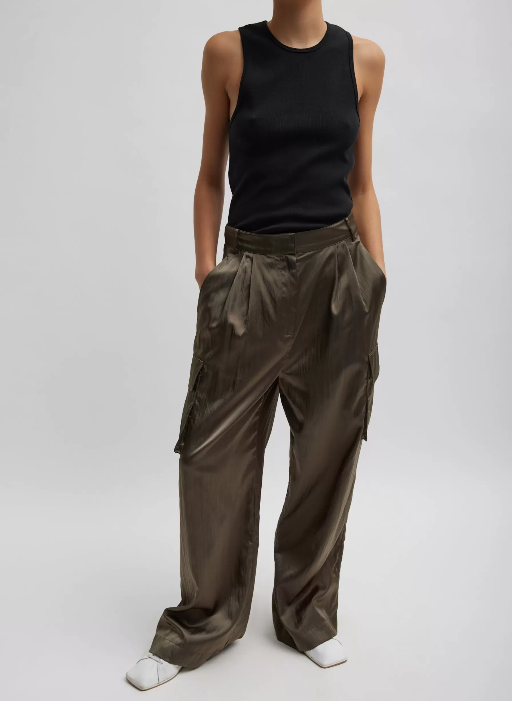 Tibi Shiny Nylon Pleated Stella Cargo Pant Dune Cheap