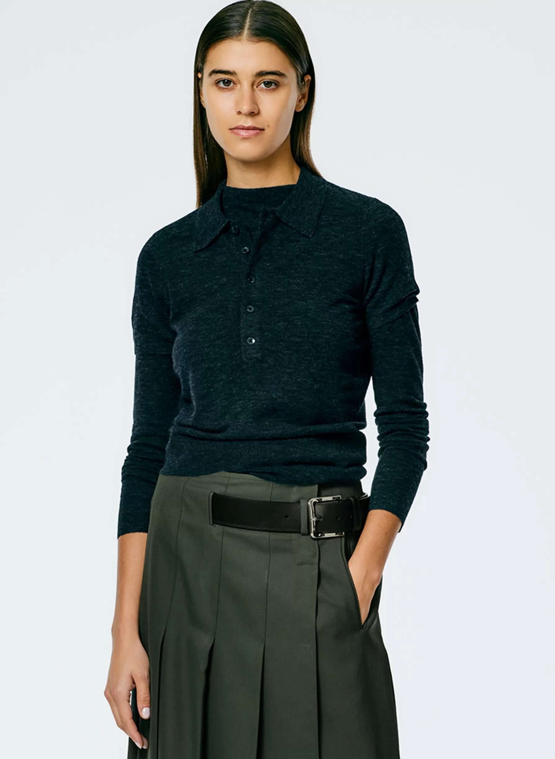 Tibi Skinlike Mercerized Wool Shrunken Polo Charcoal Flash Sale