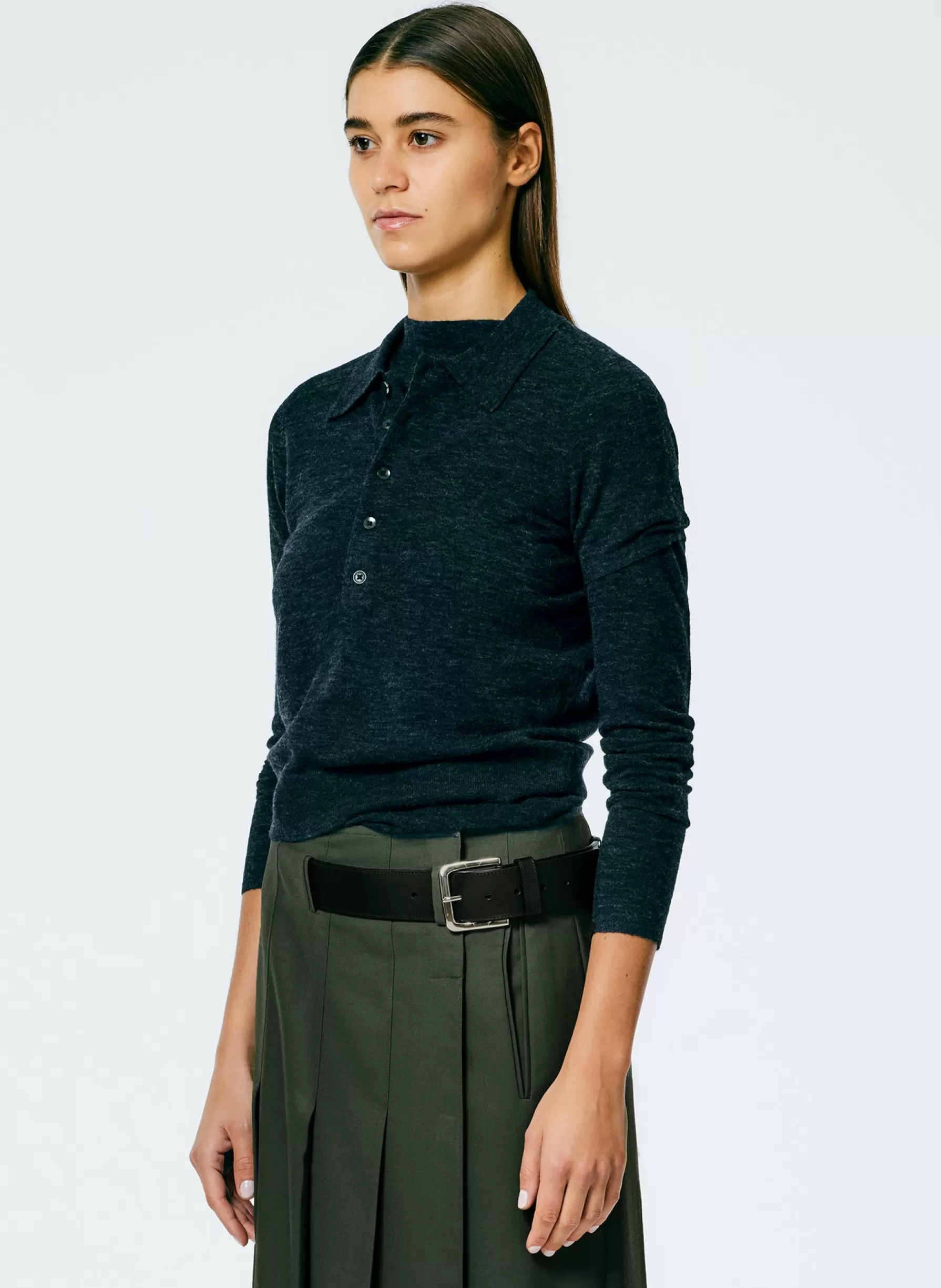 Tibi Skinlike Mercerized Wool Shrunken Polo Charcoal Flash Sale