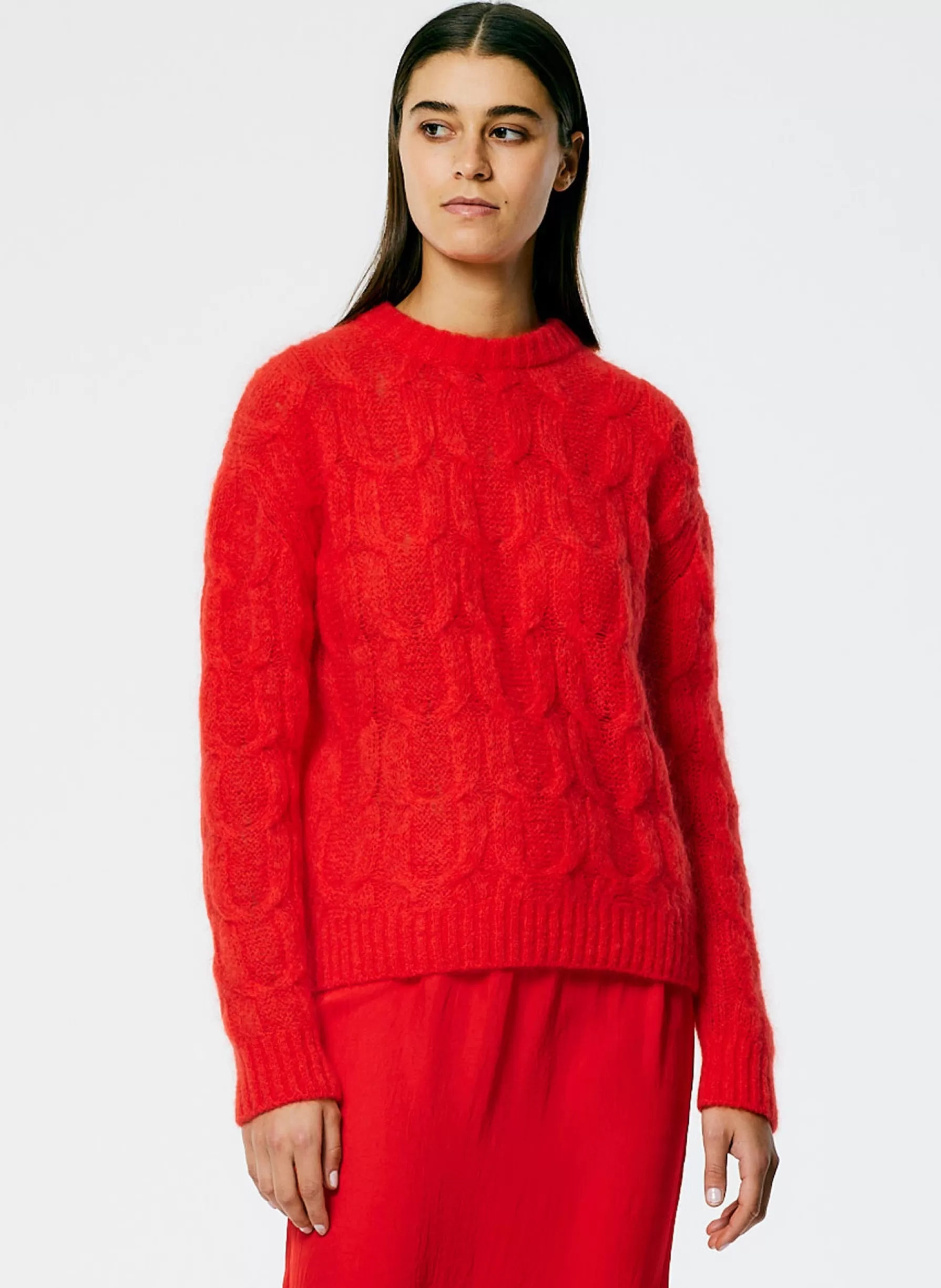 Tibi Soft Mohair Cable Crewneck Easy Pullover Red Hot