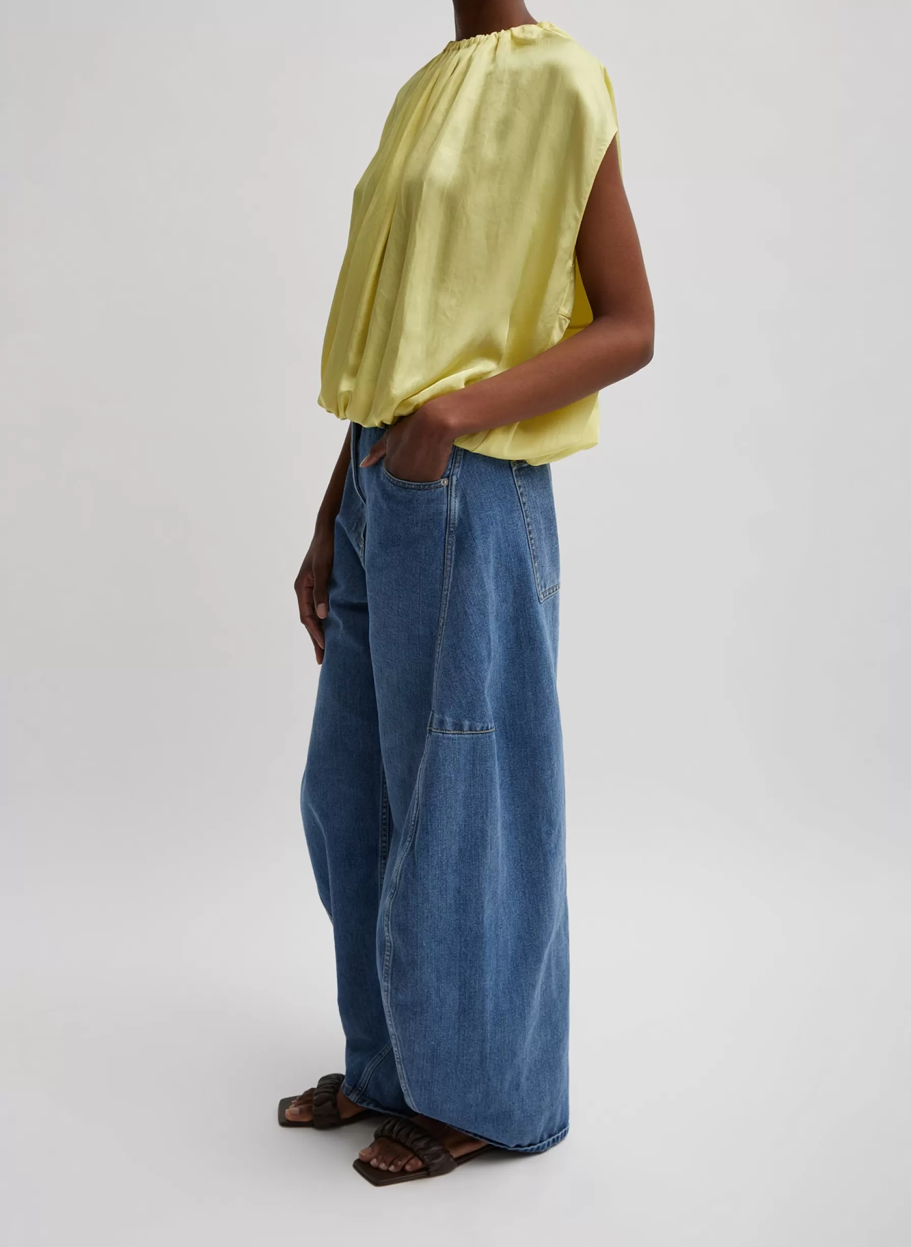 Tibi Spring Acetate Shirred Neck Circular Top Yellow Store