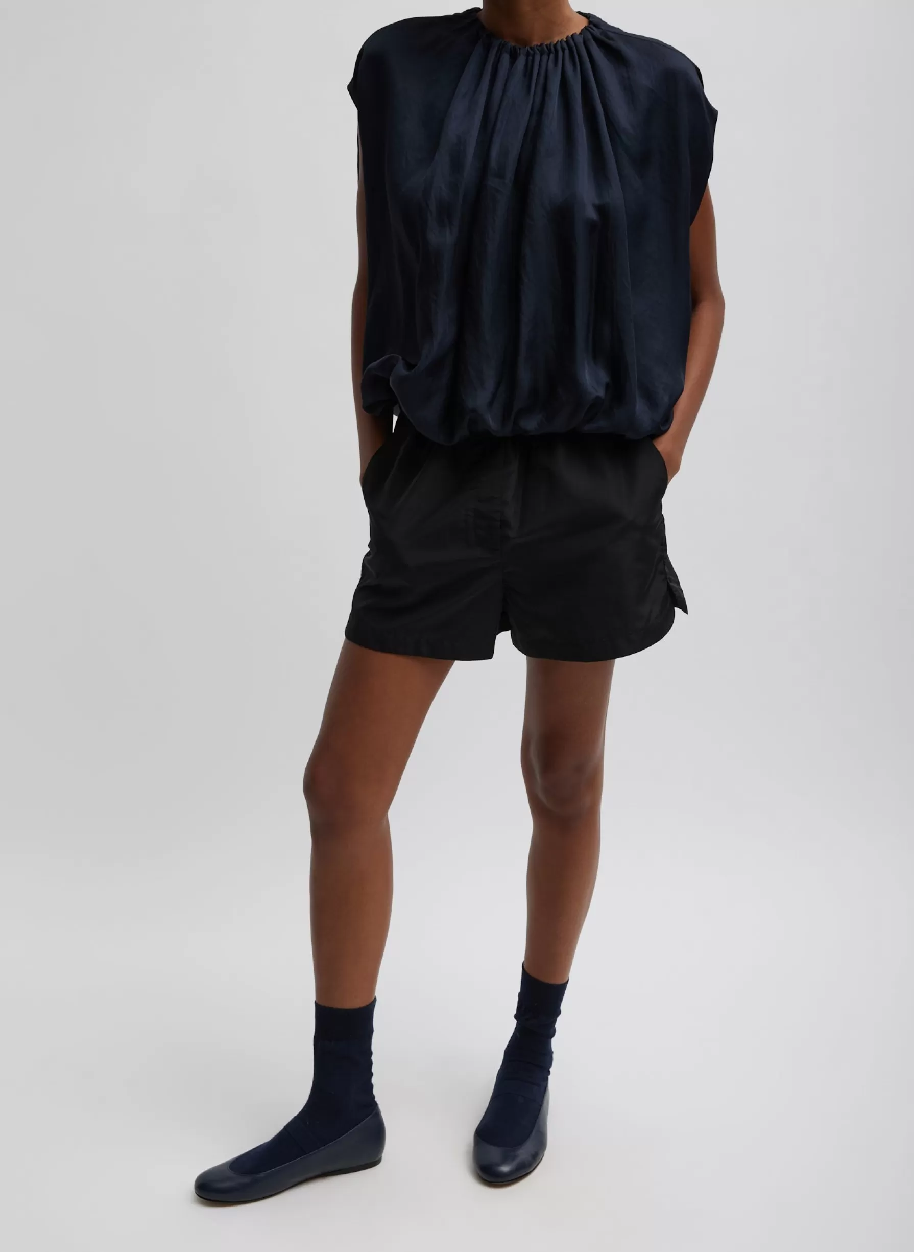 Tibi Spring Acetate Shirred Neck Circular Top Dark Navy Discount