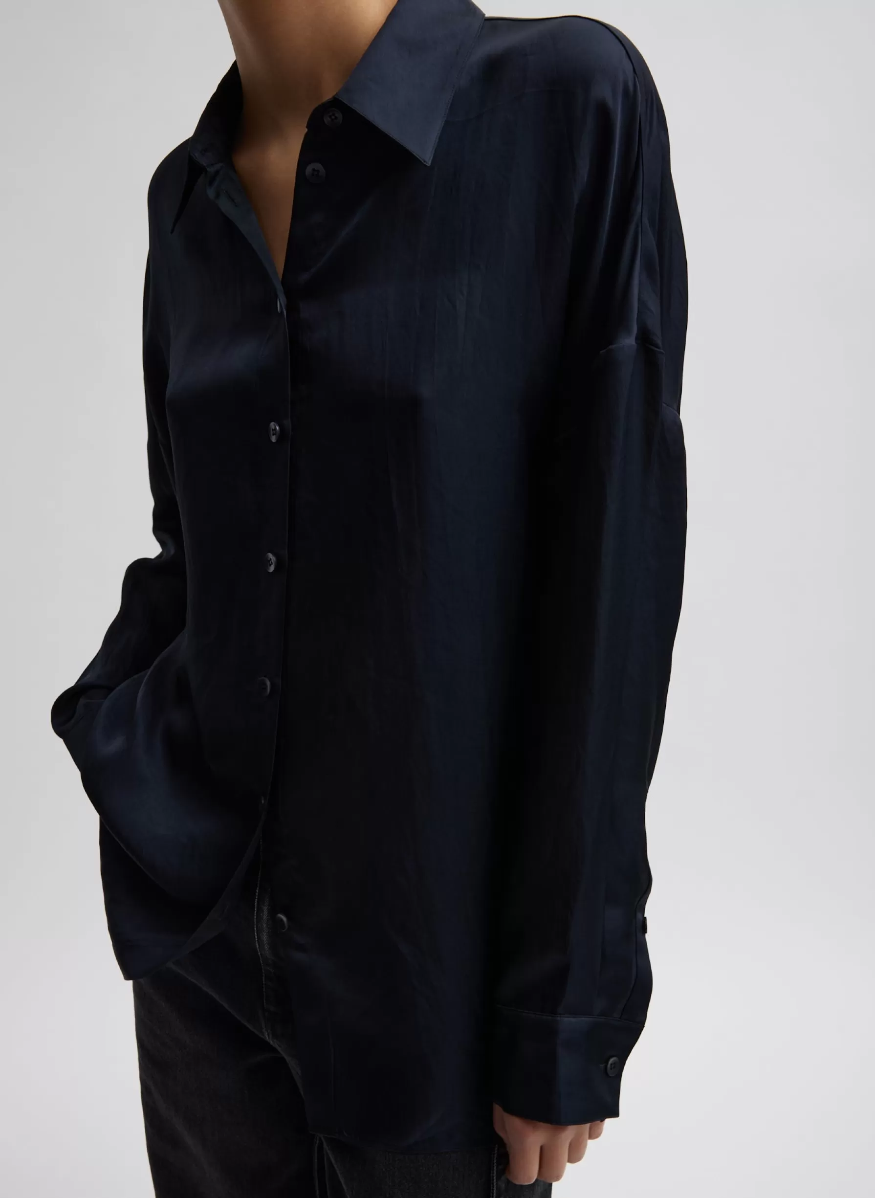 Tibi Spring Acetate Shirt With Cocoon Back Dark Navy Discount