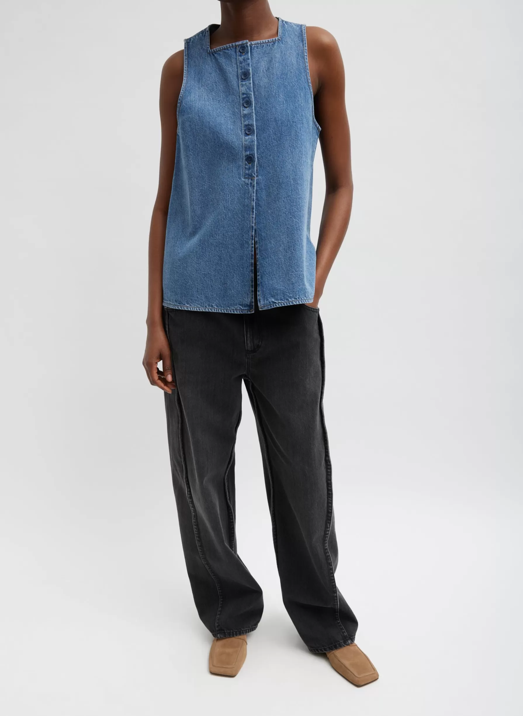 Tibi Spring Denim Slit Front Sleeveless Top Classic Blue Shop