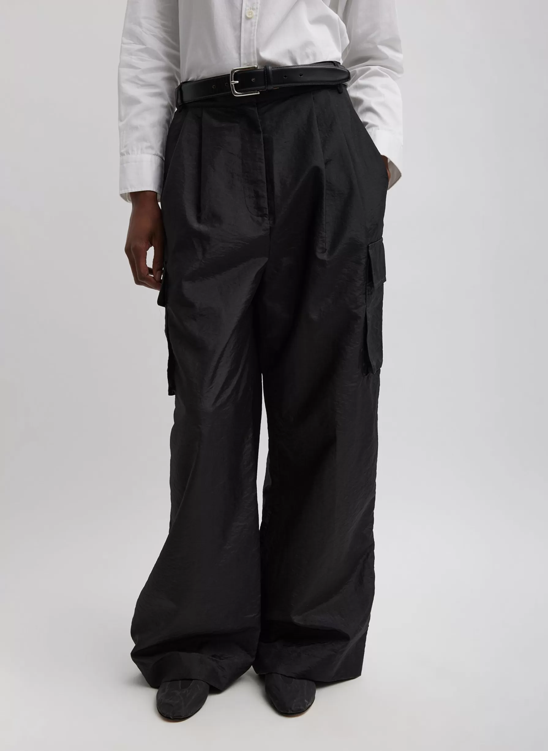 Tibi Stella Crispy Nylon Pleated Cargo Pant Black Store