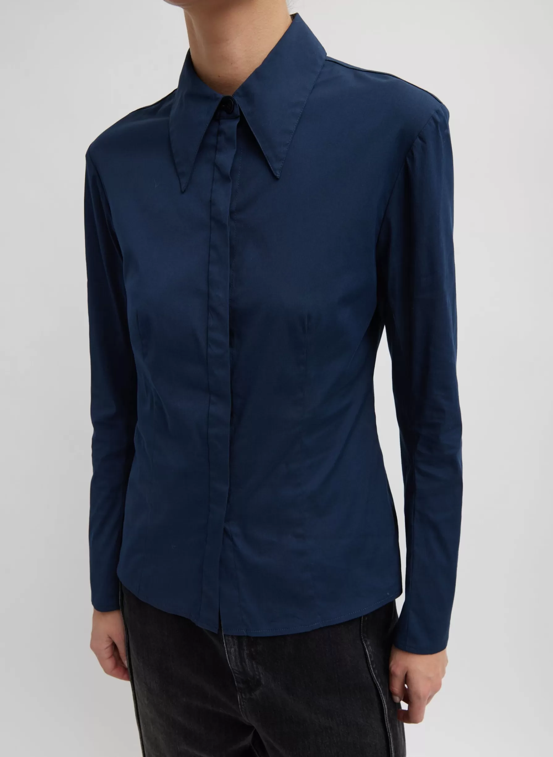 Tibi Stretch Cotton Nylon Circular Sleeve Shirt Navy Blue Best