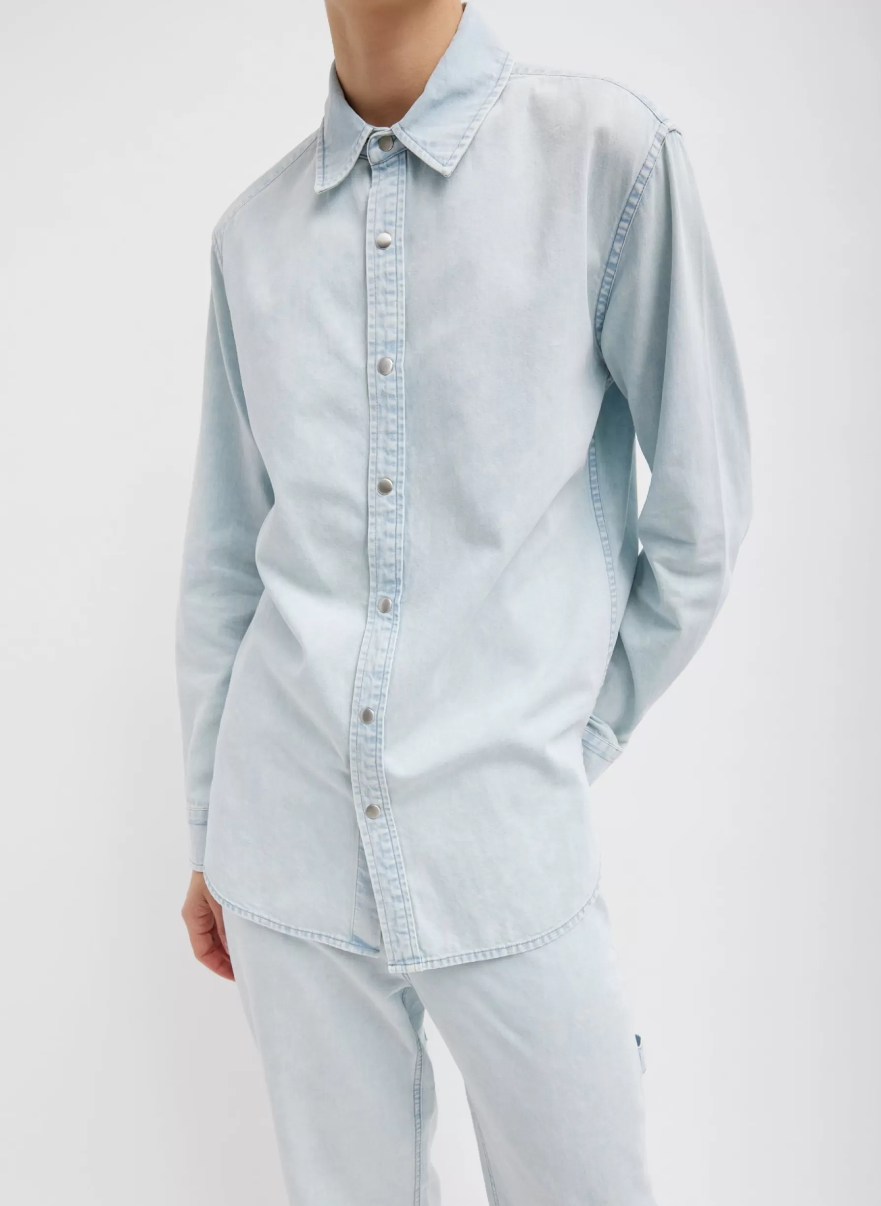 Tibi Summer Denim Charlie Slim Men's Shirt Bleached Denim Hot