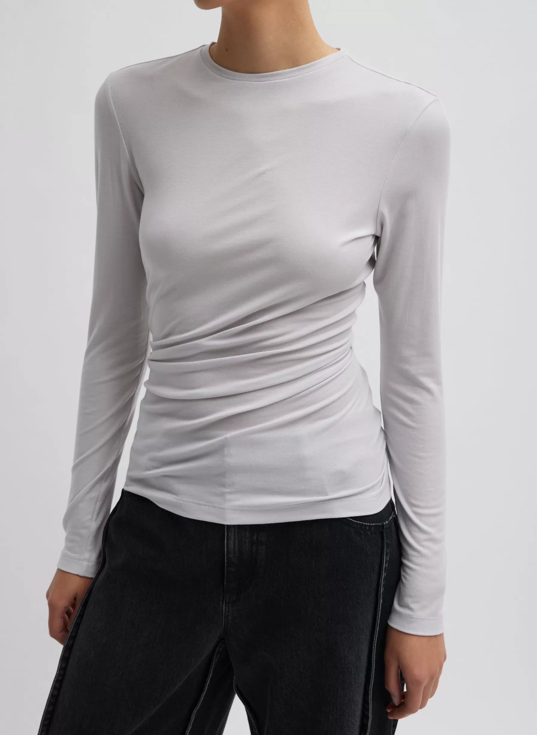 Tibi Tencel Knit Twisted Seam Long Sleeve T-Shirt Pearl Grey Discount