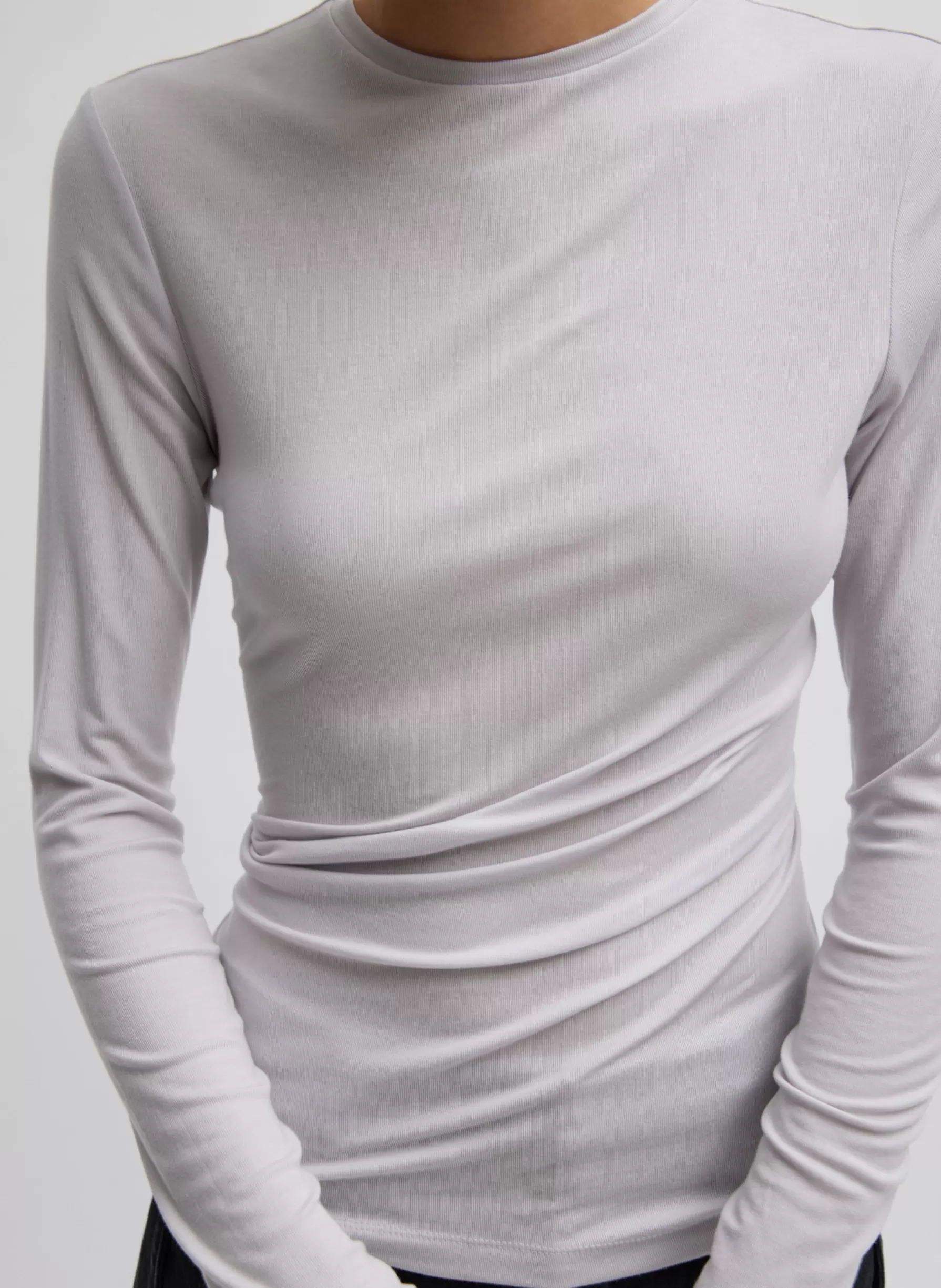 Tibi Tencel Knit Twisted Seam Long Sleeve T-Shirt Pearl Grey Discount