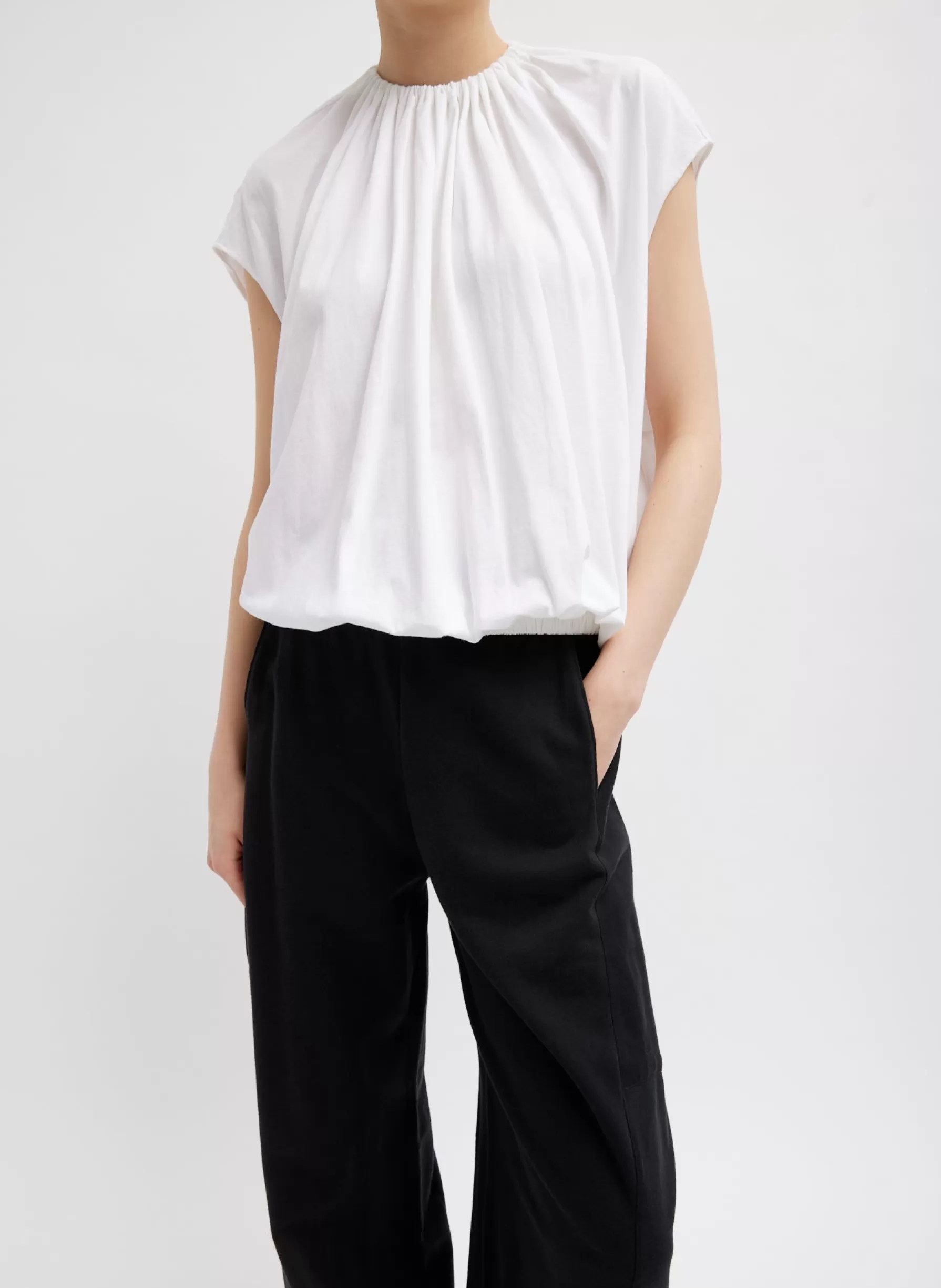 Tibi T-Shirting Shirred Neck Circular Top White Fashion